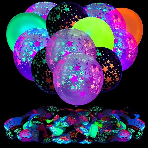 90 globos de neón UV, globos de fiesta con estrellas de neón, globos de luz negra UV que brillan en la oscuridad para decoraciones de cumpleaños, disponible en Yaxa Peru