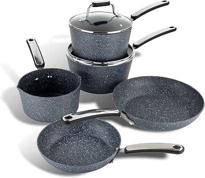 Scoville Expert Neverstick+ 4+1 Piece Cookware Set - Non-Stick Pans Set, 16cm Milk Pan, 18/20cm Saucepans, 20/24cm Frying Pans, Suitable for All Hobs, PFOA Free, Dishwasher Safe, Aluminium, Grey