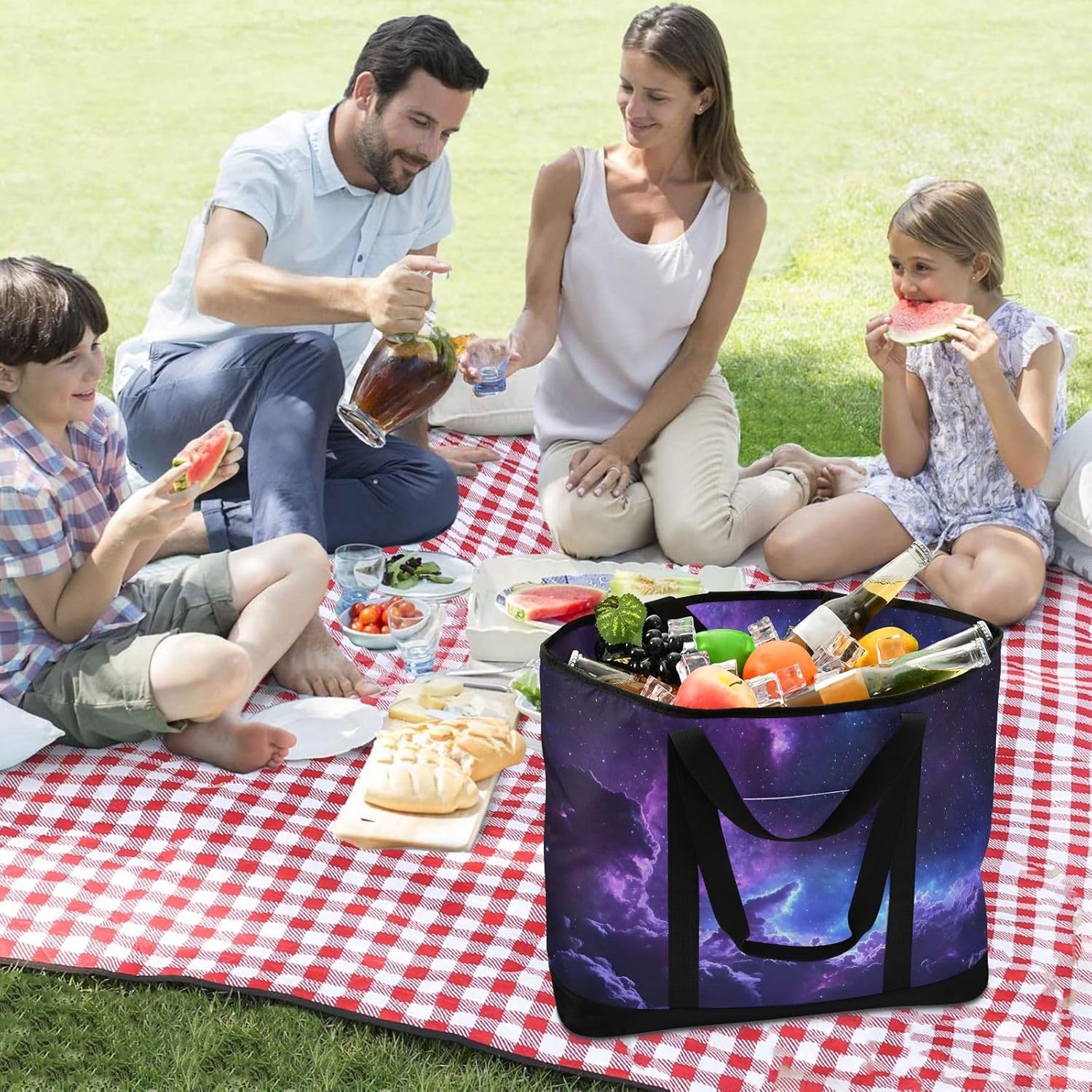 Large Insulated Tote Bag Nebula Purple Blue for Grocery Shopping Reusable Tote Bags for Women Men, Cooler Bag with Zippered Top & Handles for Beach Picnic Travel