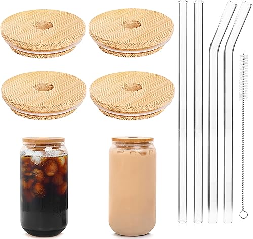 Miniatura 8 de ANOTION Tapas de bambú para vidrio en forma de lata, tapas para tarros Mason con agujero para pajilla, 4 tapas reutilizables de bambú para tarros