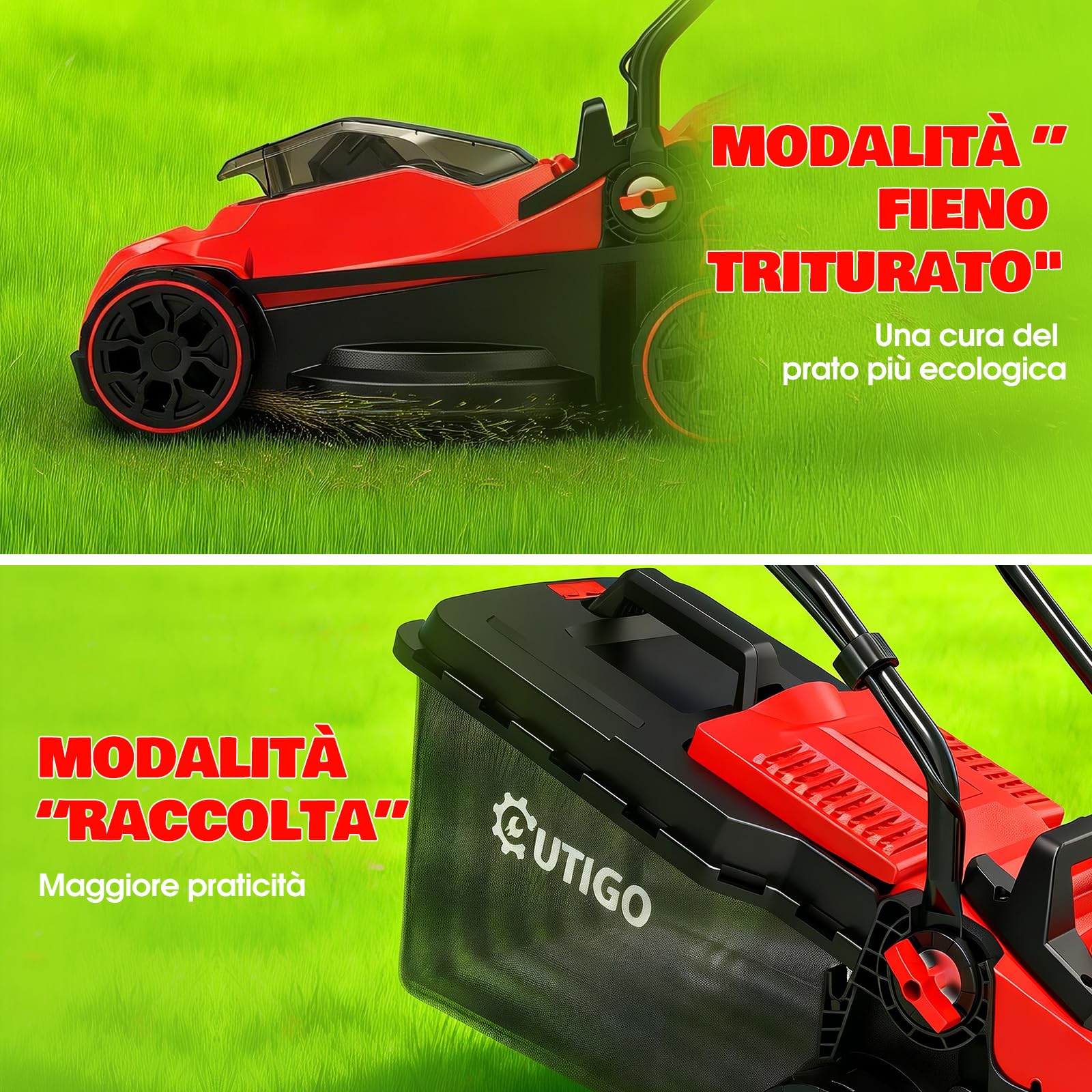 OUTIGO Tagliaerba a Batteria 21V, 5,0 Ah Inclusa, Larghezza di Taglio 33 cm, Autonomia 250 m², Cesto Raccoglierba 32 L, Altezza di Taglio Regolabile 25-65 mm