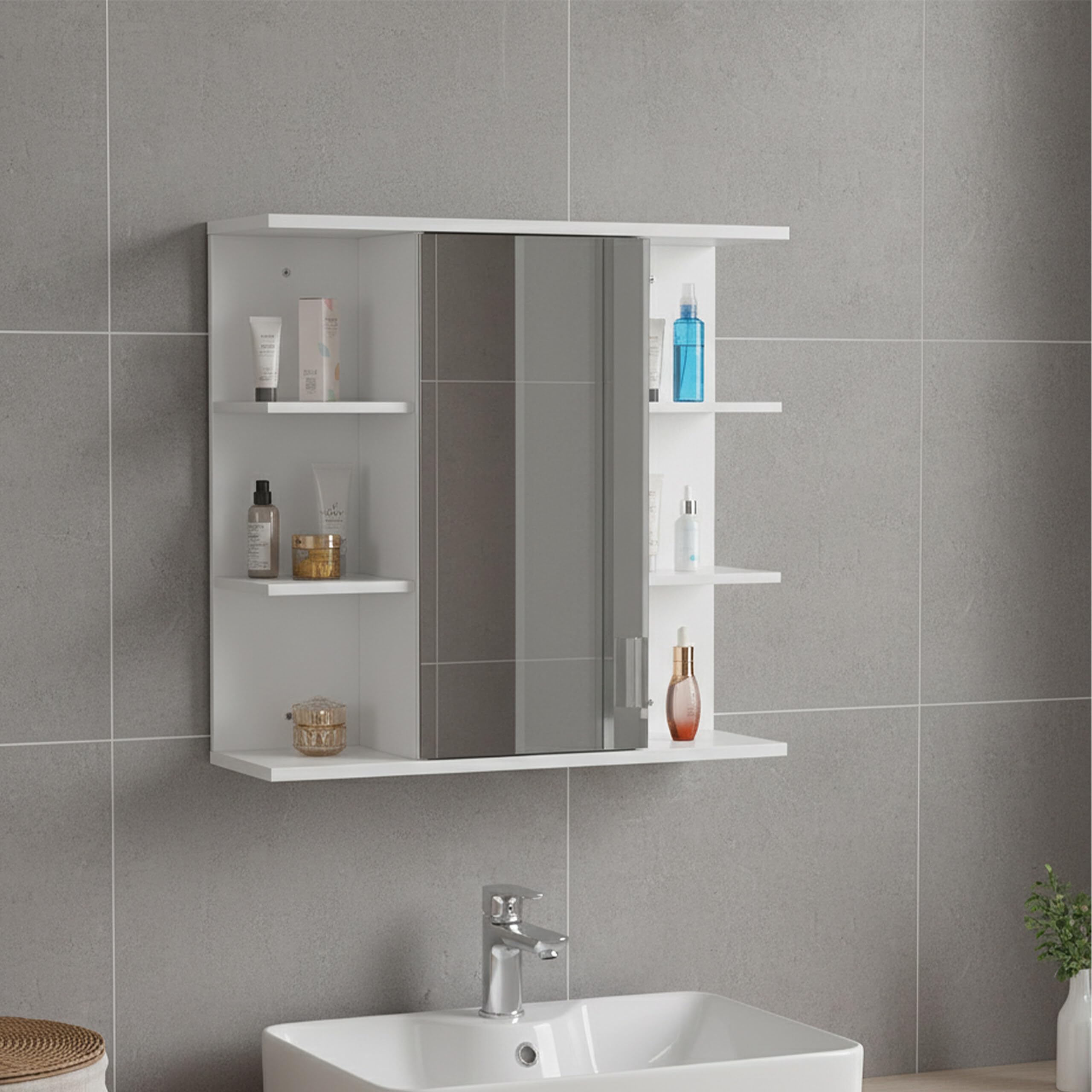 Relaxdays Armadio a Specchio, 6 Ripiani, 2 Scomparti, HxLxP: 64 x 62 x 21 cm, Montaggio a Parete