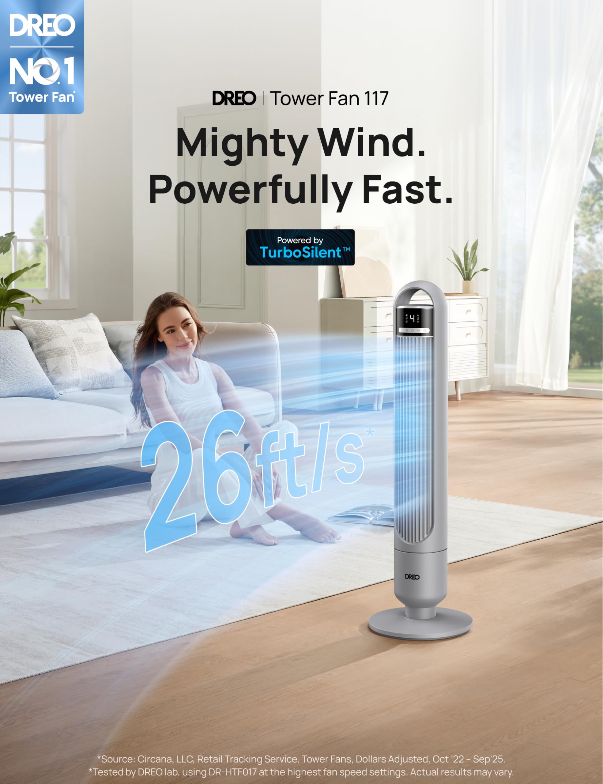 Dreo - Ventilatore a torre per camera da letto, 4 velocità, 3 modalità di ventilatore da terra per camera con oscillazione di 90° di larghezza, 28dB silenzioso per dormire, velocità di 7,6 m/s