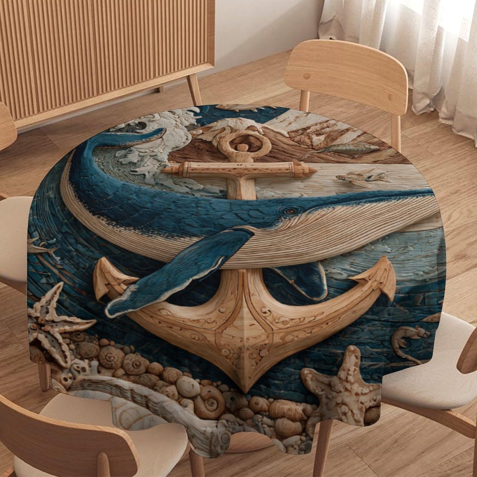 LUYYSKY Modern Art Fish Whale Round Tablecloth Beautiful Nautical Wooden Board Sea Animals Whale Ship Anchor Washable Decor for Table Cover for Kitchen-177.8" Wx177.8 L cm
