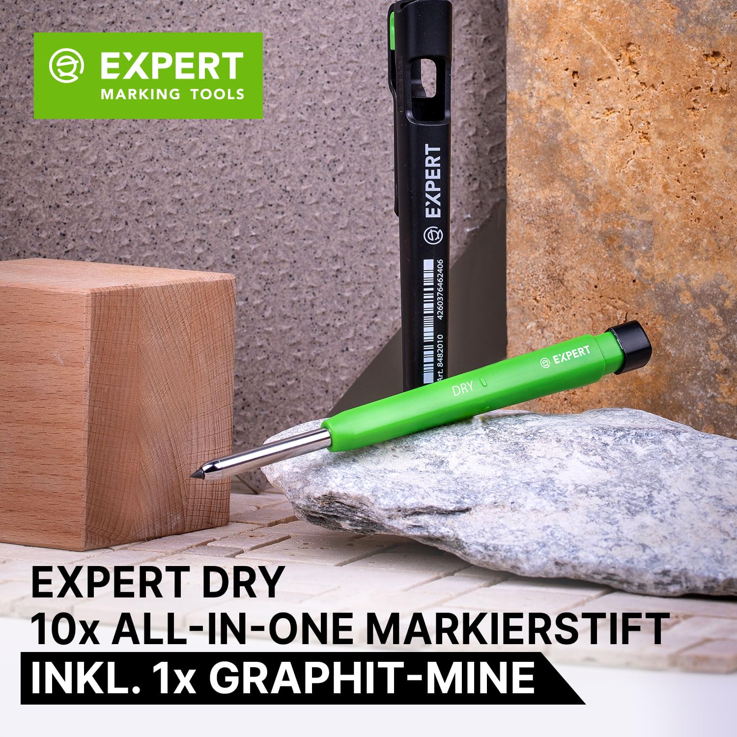 EXPERT DRY Lot de 10 marqueurs tout-en-un avec mine en graphite | Marqueur à trous profonds rechargeables avec mine automatique | Polyvalent sur bois, verre, métal | Crayon de charpentier avec