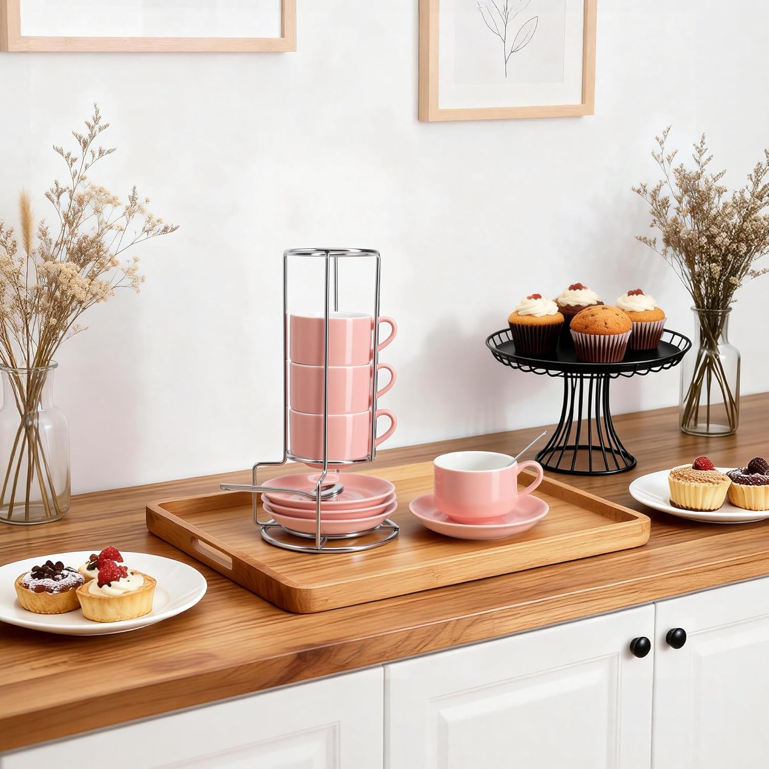 3 Ounce Espresso Cups Set of 4, Stackable Demitasse Mugs, Includes Display Stand, Cups Saucers, and Spoons, for Machines & Home Use, Pink, Silver Tone