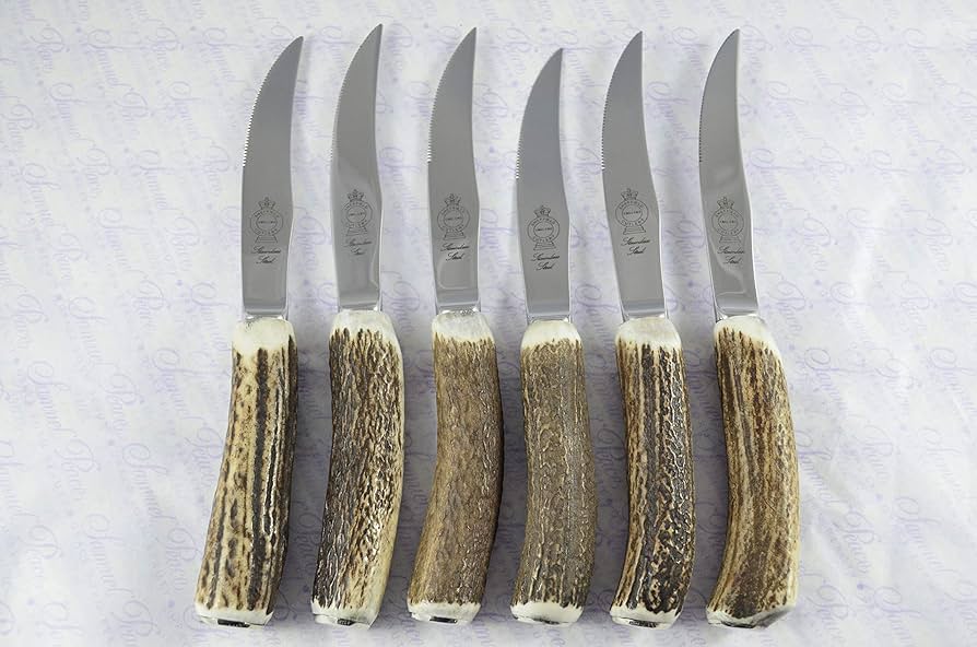 Six Boxed Genuine Stag Horn/Antler Handle Steak Knives Made