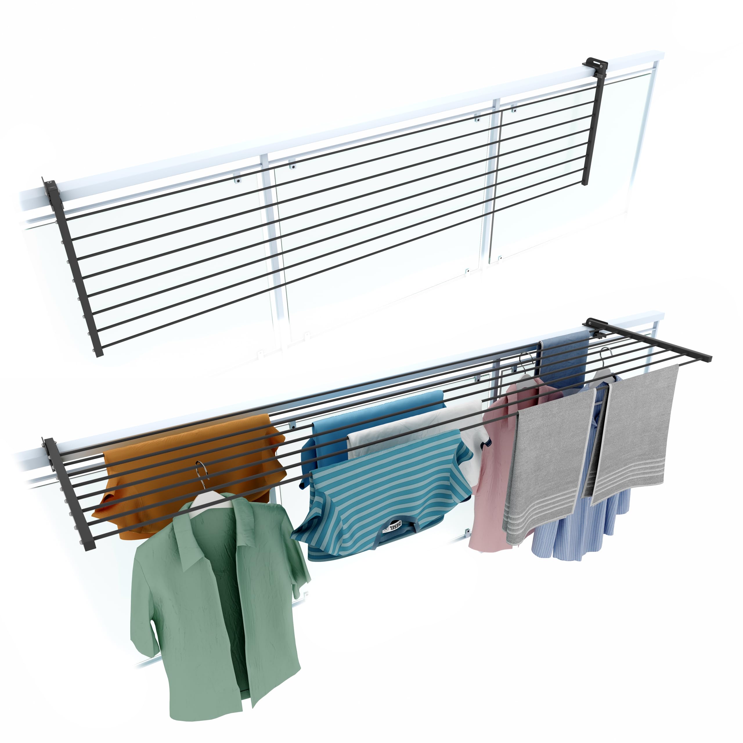 foxydry Stendino da Balcone Ribaltabile, Stendibiancheria da Ringhiera Esterno Resistente in Acciaio inox e alluminio Duo, per terrazzi, balconi e ringhiere - Lunghezza 202 cm (Antracite, 202 cm)