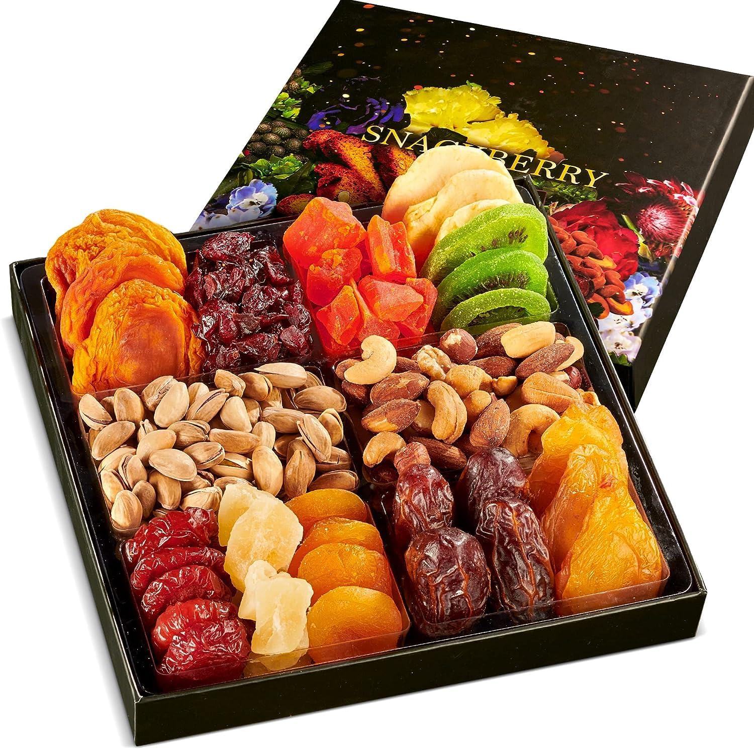 Dried Fruit & Nuts Gift Basket Arrangement Platter, Gourmet Food Snack Box, For Christmas, New Years, Birthday Care Package, Healthy Kosher - Her Him - 12 Snackberry Assortment (12-Pack)