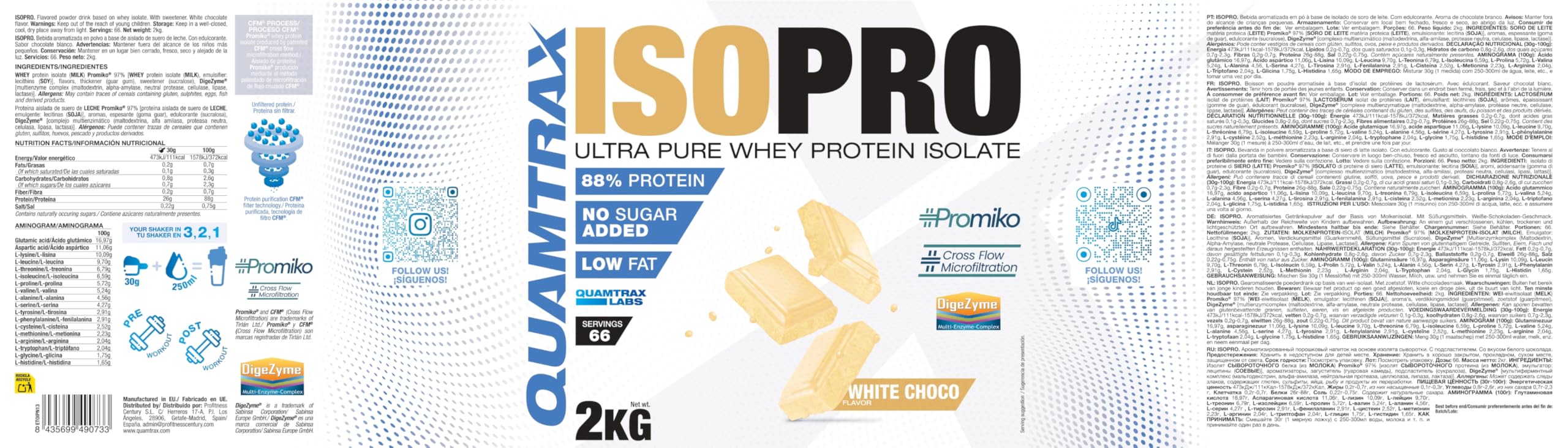 Quamtrax Nutrition - Isopro CFM (Aislado de Proteínas de Suero de Leche) - 2 kg - Sabor Chocolate Blanco - Alto contenido proteico, rápida absorción y bajo en grasas