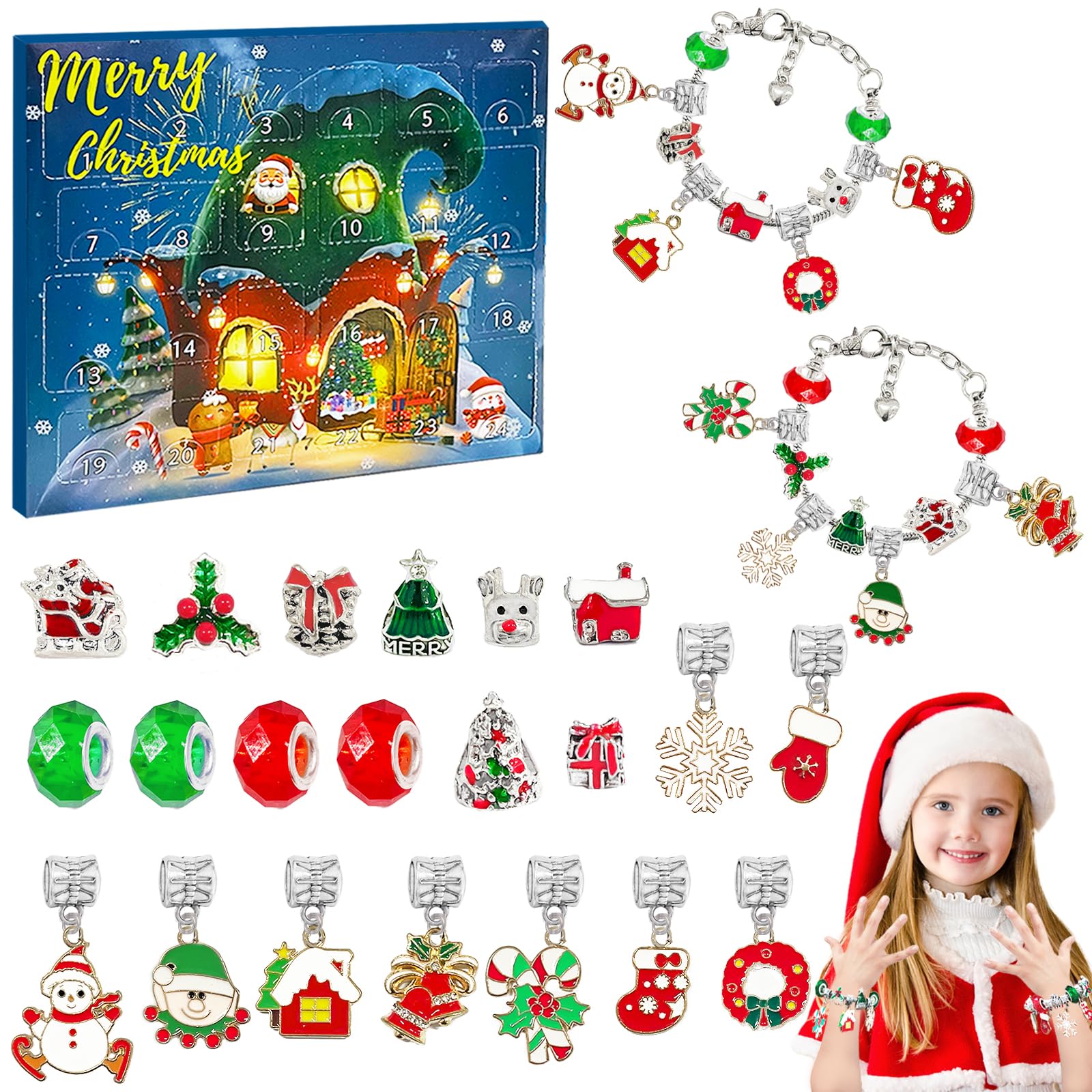 Christmas Advent Calendar Bracelets,Charm Braceket Making Kit for Girls 24 Days Xmas Valentine's Day Countdown Gift with DIY Jewelry for Girls Teens Women