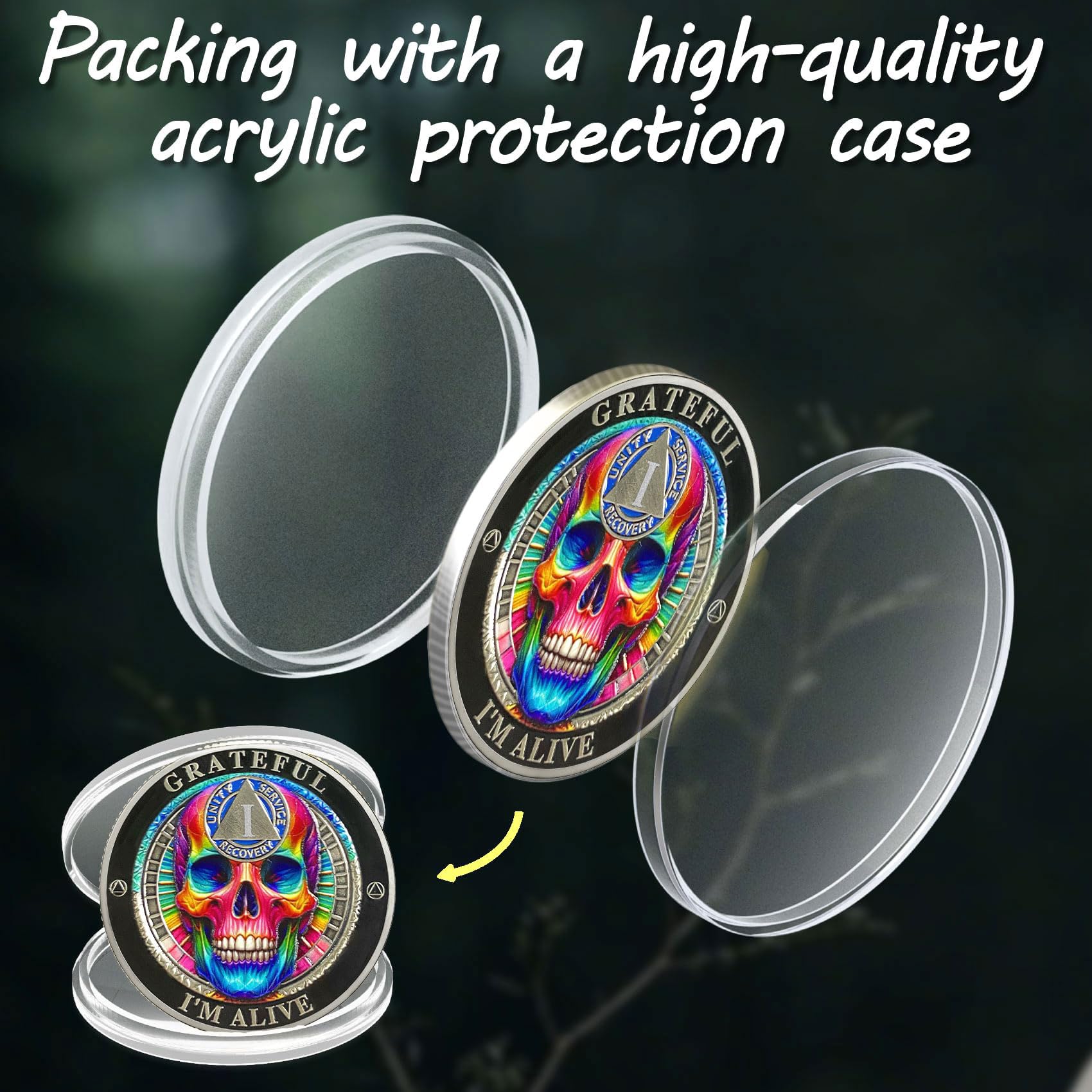 Grateful I'm Alive Sobriety Coin, 3D Sculpted Skull AA Chip Medallion, Alcoholics Anonymous Serenity Prayer AA Coin, Recovery Affirmation Sobriety Gifts For Men & Women By The Token Shop (Gold