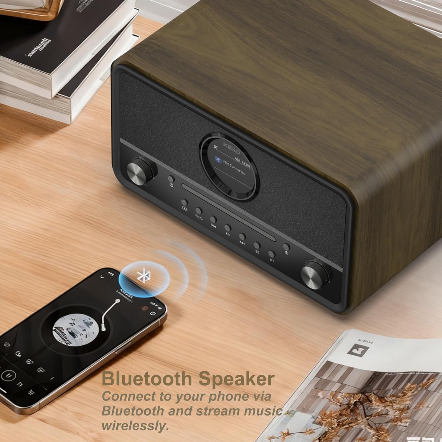 KEiiD Compact Radio CD Player with Speakers for Home, Retro Look Art-Deco Bluetooth Stereo Shelf System, LED Display with Dual Alarm Clocks, USB Playback, AUX, Headphone Output - Image 5