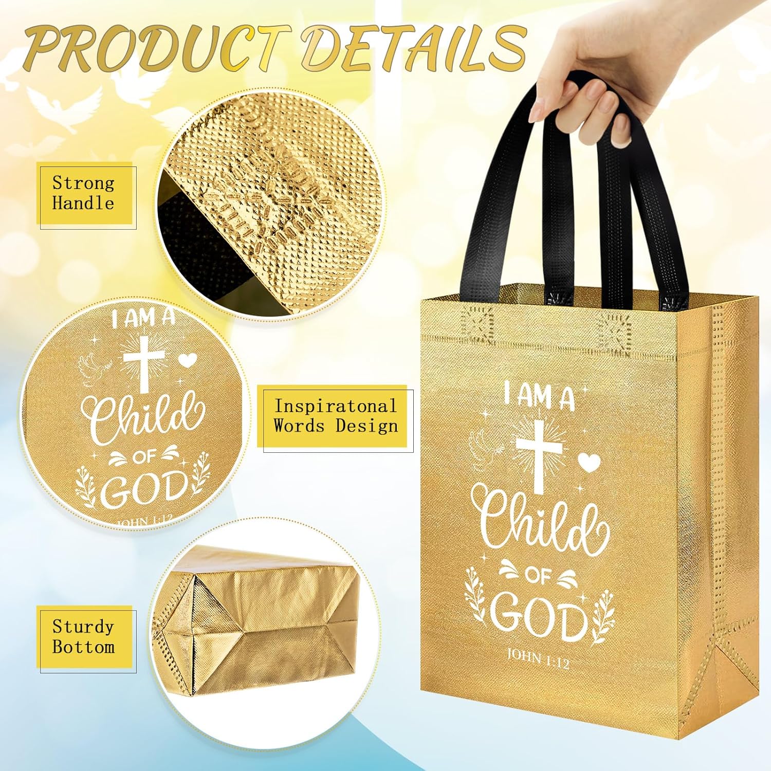 Ribbonlic 24 Pcs Religious Gift Bags with Tissue Paper Reusable Non Woven Christian Bible Verse Tote Medium Size Welcome Bag with Handle for Sunday School Church Visitors Inspirational Gift(Gold)
