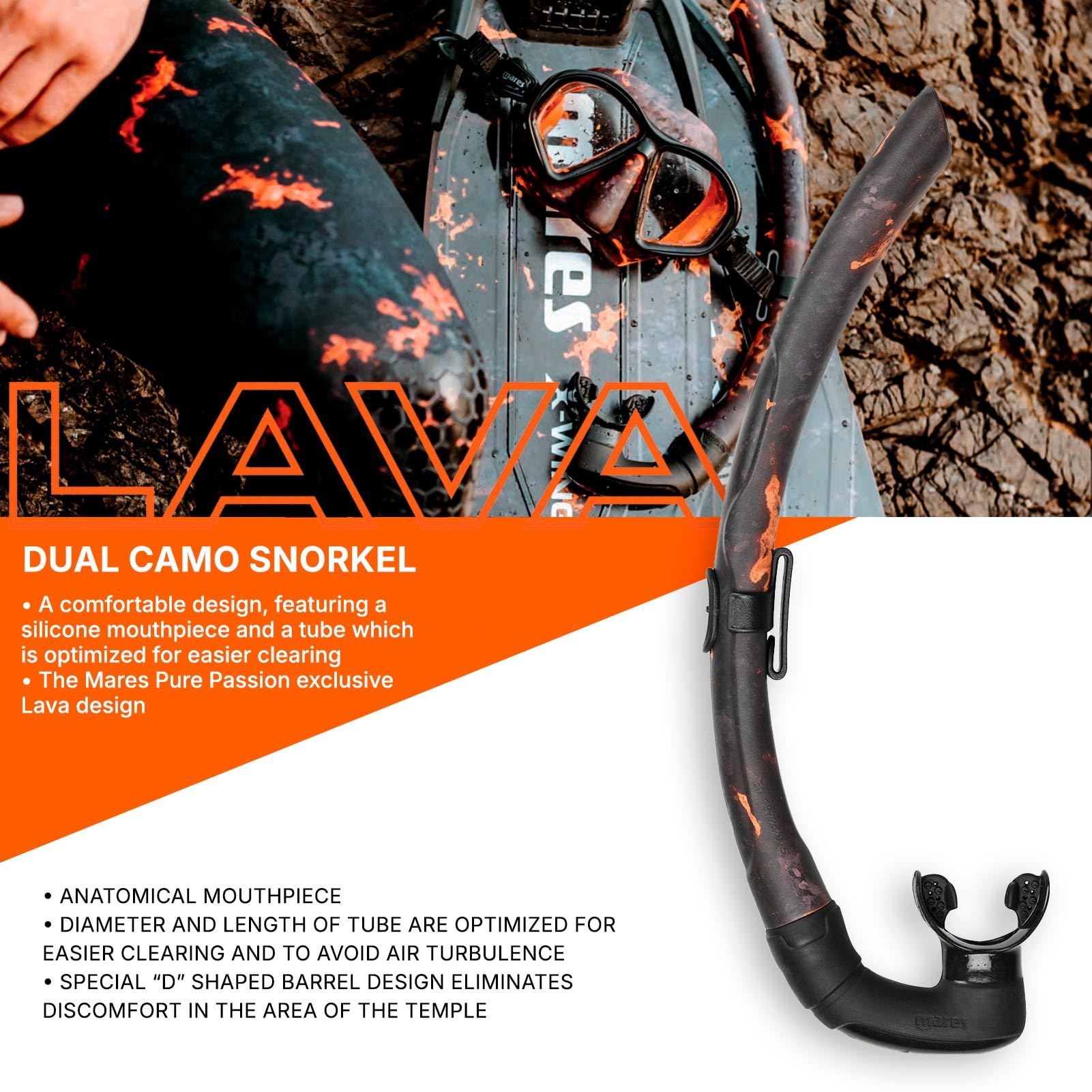 Mares Esnórquel de buceo de doble camuflaje, tubo de PVC, boquilla de silicona, lava (421457)