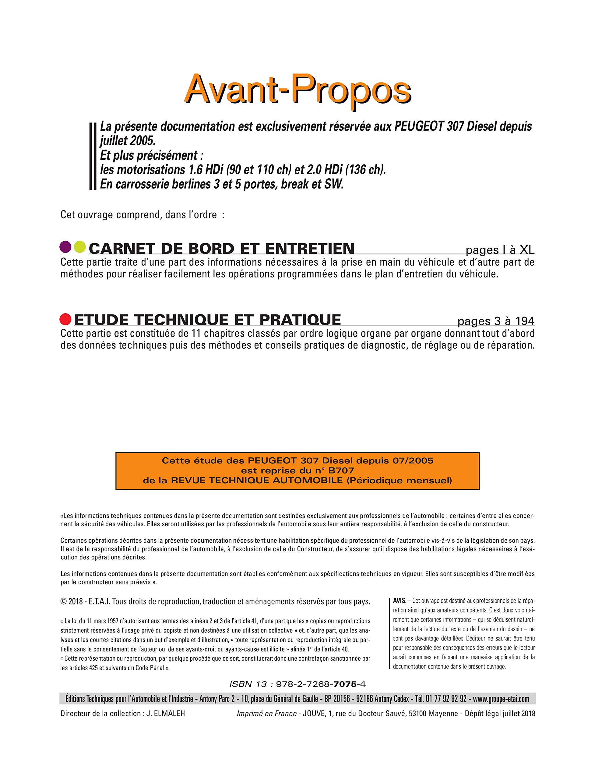 E.T.A.I - Revue Technique Automobile B707.5 - PEUGEOT 307 PHASE 2 - 2005 à 2008 - Diesel