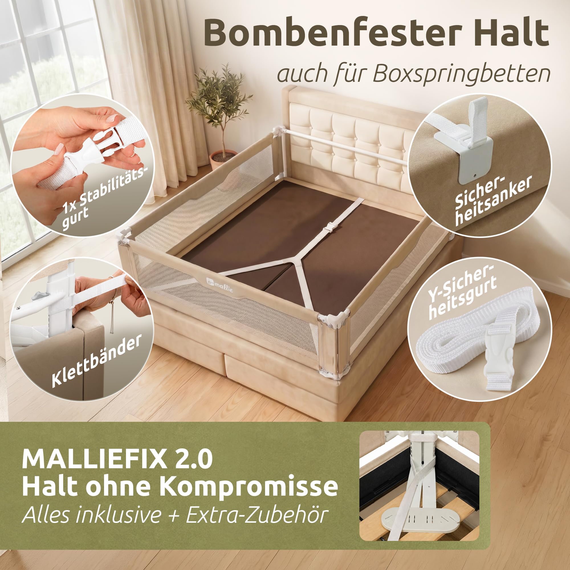 Mallie® Rausfallschutz Boxspringbett 180x200cm Elternbett Beige | 3-seitiges Set mit MALLIEFIX 2.0 Click-System, extra hoch | Bettgitter & Bettschutzgitter für Baby & Kinder
