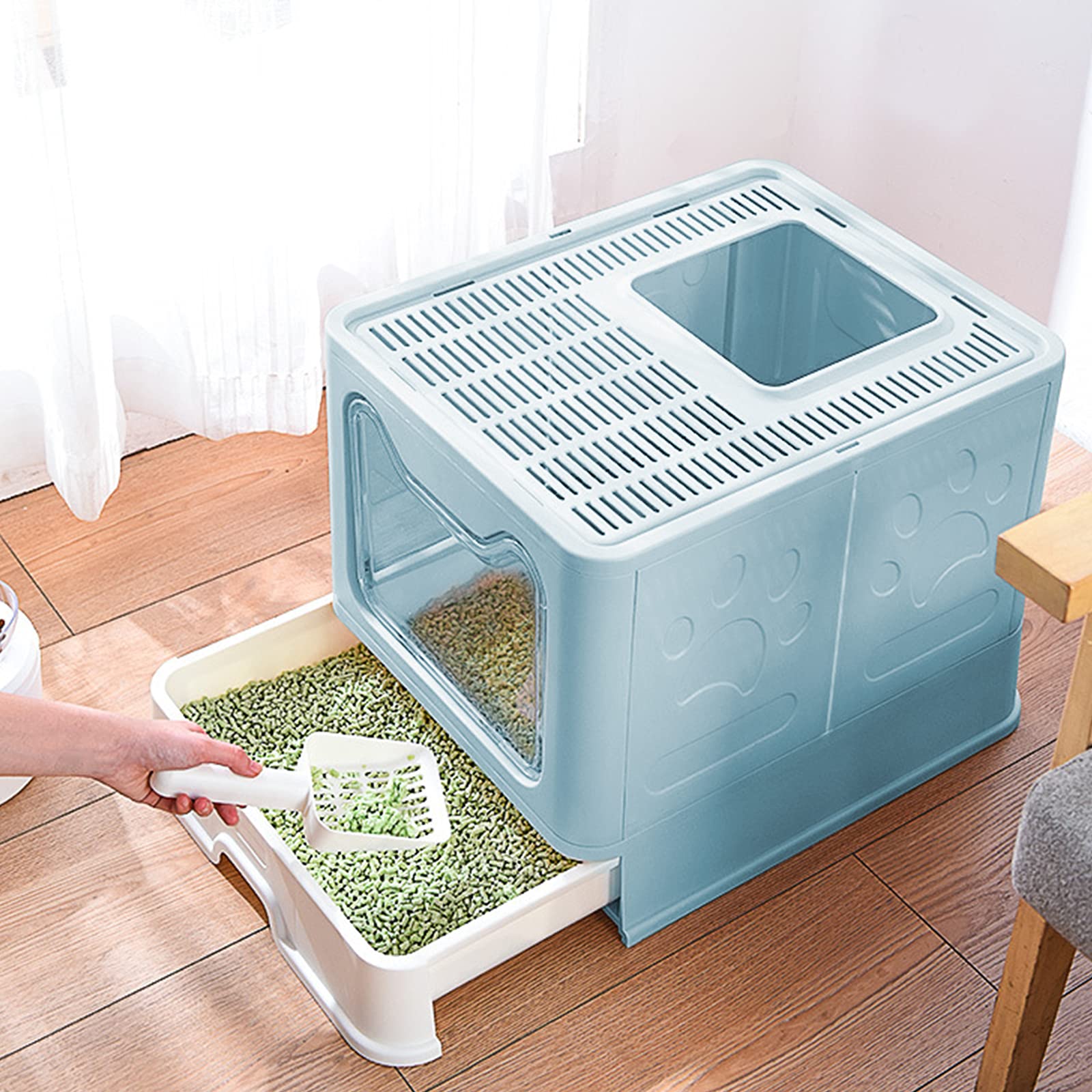 Cajas de Arena para Gatos de Entrada Superior, Plegable, con Tapa, Inodoro para Gatos, portátil y fácil de Limpiar, Incluye Cuchara para Arena para Gatos y 2 Bolsas de Basura (Azul)