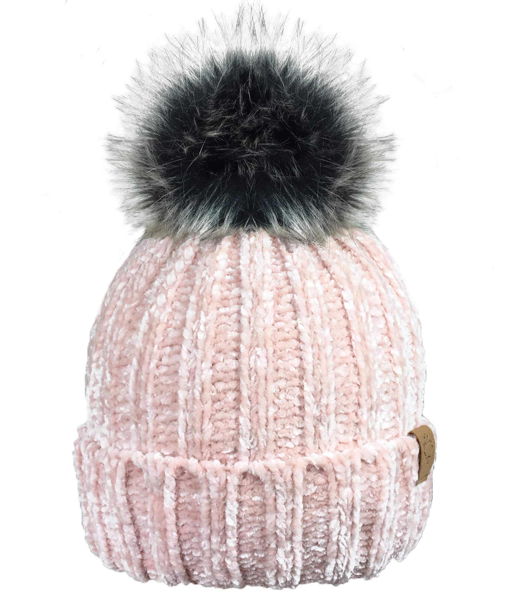 Rockjock Women's Nude R80 Soft Chenille Rib Hat With Insulating Warm Teddy Fleece Liner And Detachable Faux Fur Pompom