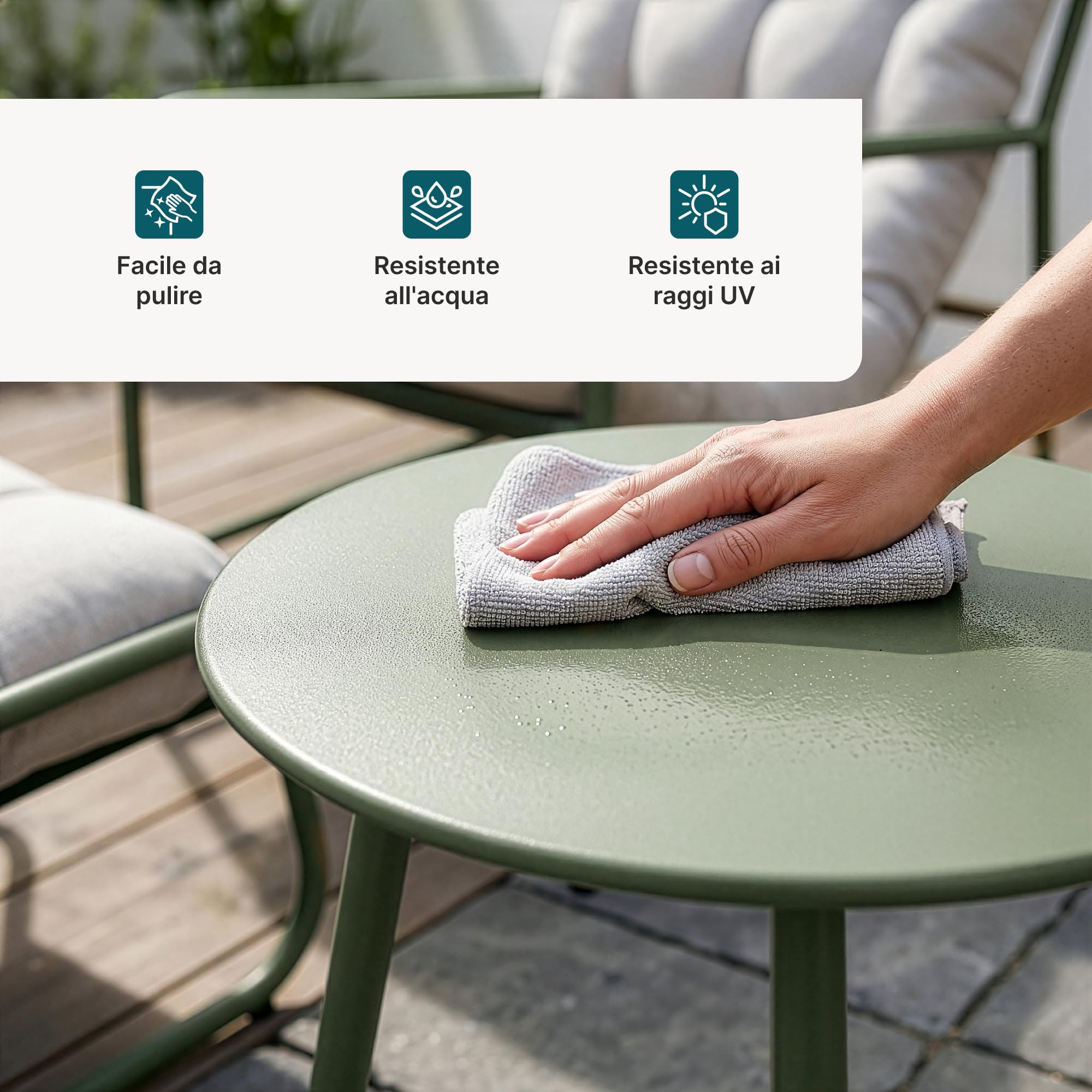 [en.casa] Set di 3 Mobili da Giardino Verde Chiaro/Grigio | Tavolino Rotondo, Poltrona e Poggiapiedi, Con Cuscini Imbottiti, per Balcone Terrazzo Veranda Outdoor, Telaio in Acciaio