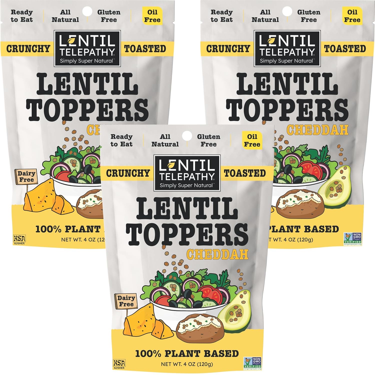 Lentil Telepathy Cheddah Crunchy Salad Topper, OIL FREE Crouton Alternative, Plant Based Soup & Grain Bowl Topping, Gluten Free, Non-GMO, 4 oz Bags, 3 Pack