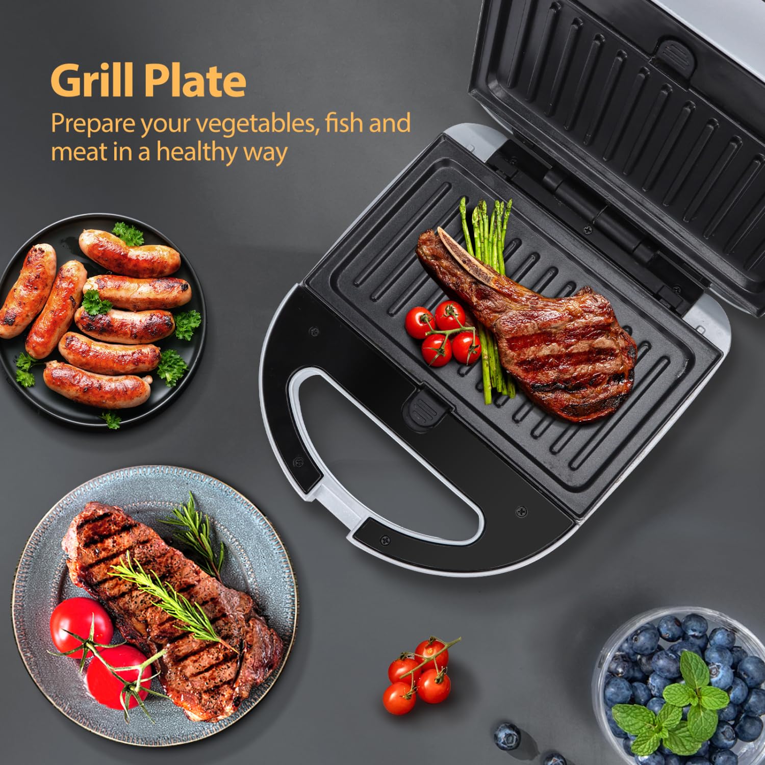 Aigostar Sandwichera 3 en 1: Sandwichera, Gofrera y Grill, 750W, 3 Placas Desmontables Antiadherentes e Intercambiables, Indicador Luminoso, Termostato, Gris, Grace