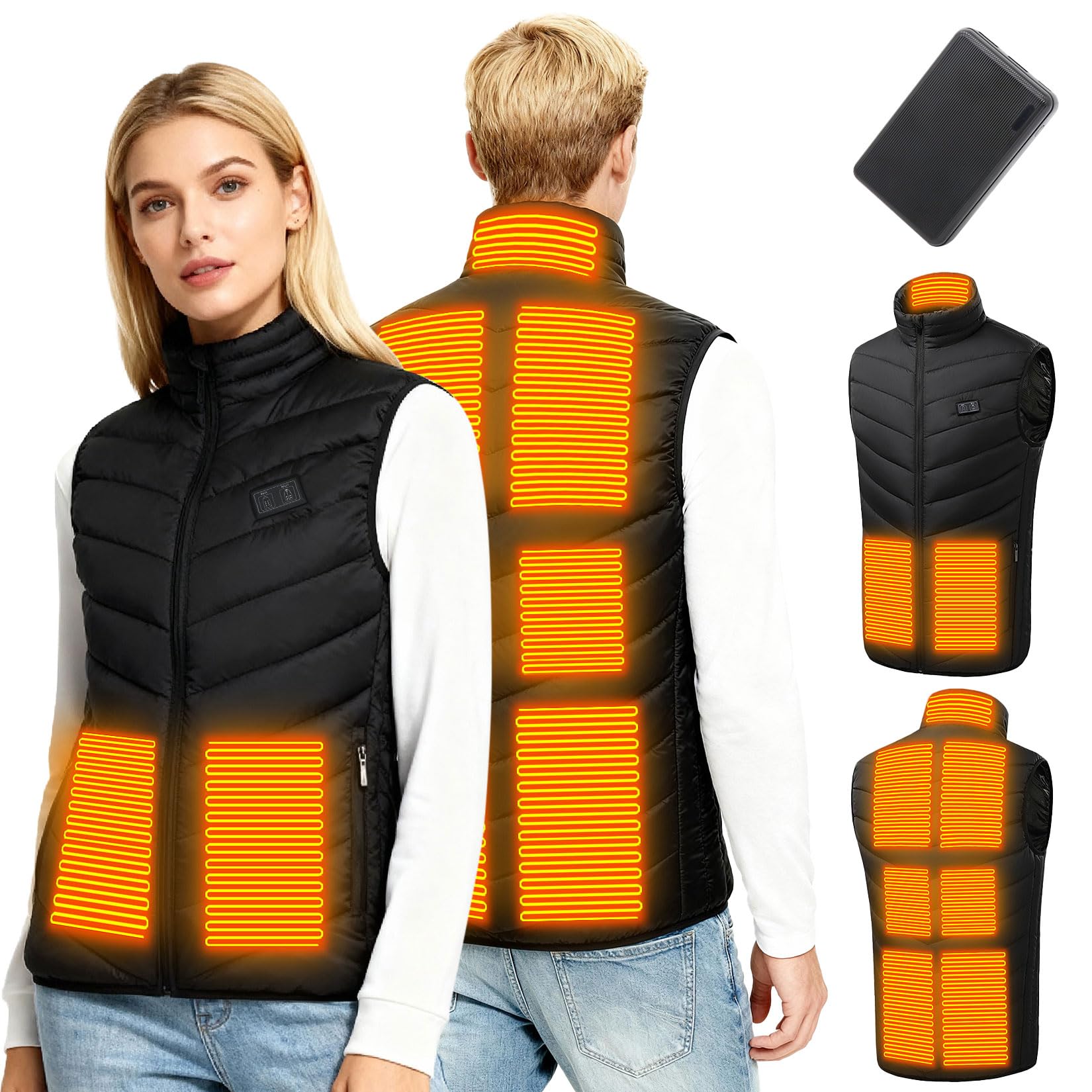 GothicBride Verwarmd vest voor dames en heren, met 10.000 mAh batterij en 9 warmtezones, 3 instelbare temperaturen, verwarmd vest voor intersport, skiën en jagen, zwart, L