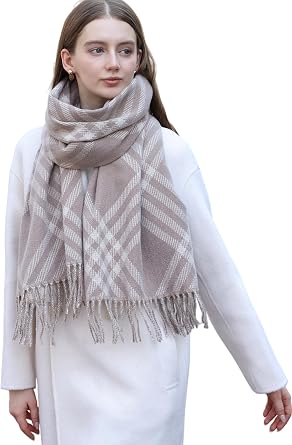 Wander Agio Womens Reversible Scarf Plaid Soft Cashmere-Feel Winter Shawl Wrap Oversized Tartan Stripe Fringe Scarves