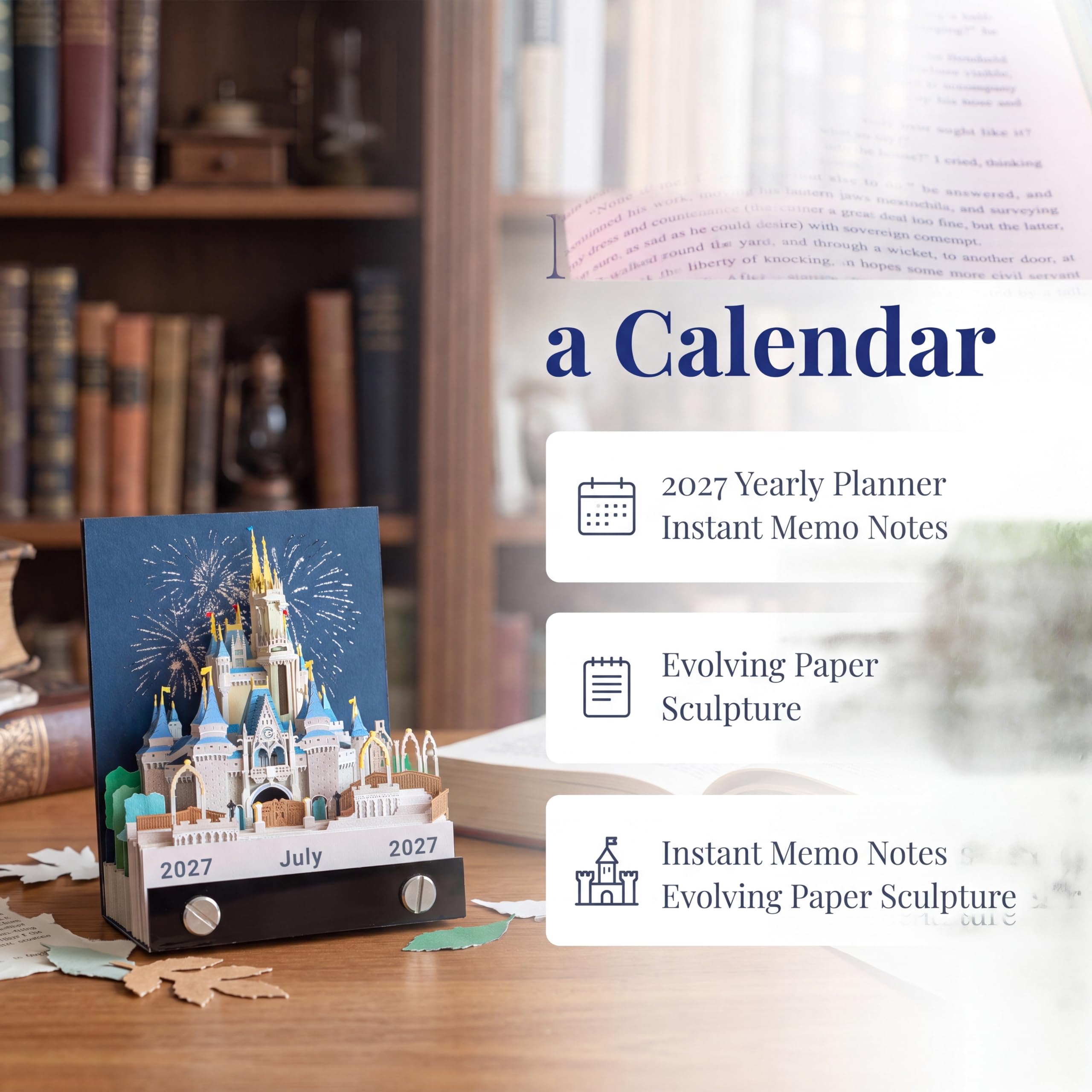 2027 3D Tear Off Calendario de Mesa Castle, 3D Castle Creative Notas de Bricolaje, Bloc Notas 3D con Luz, Calendario Semanal 3D Bloc Notas, Escultura de Papel Creativa