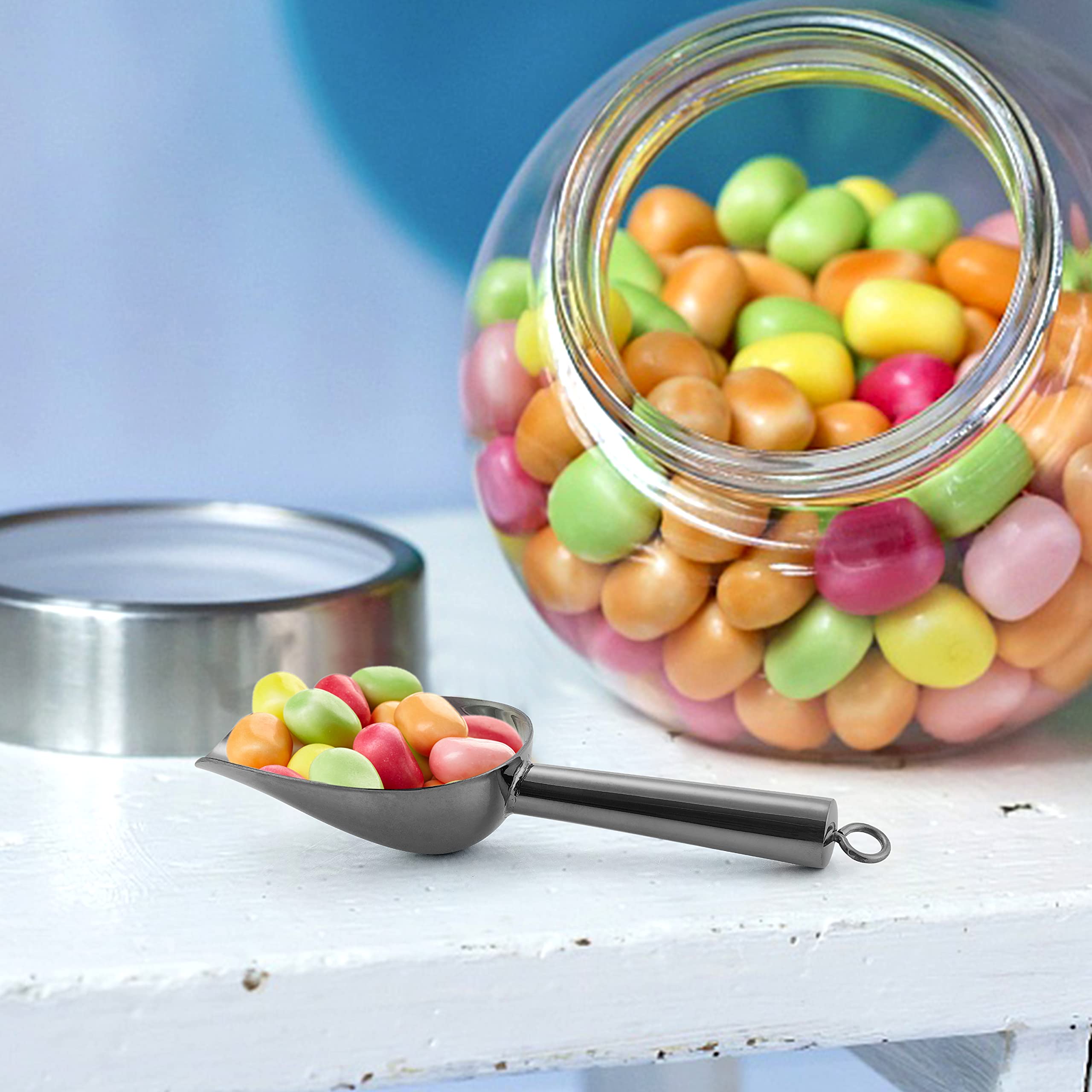 E-far Lot de 4 mini pelles à glace en acier inoxydable noir platine pour bonbons, farine, sucre, petites cuillères en métal pour fêtes, boîtes de conserves, bar de cuisine, machine à glaçons