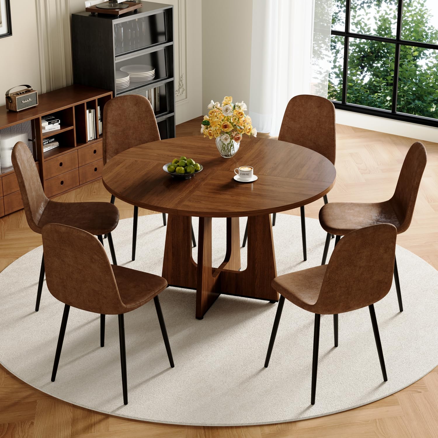 47" Round Dining Table Set for 6, Walnut Wood Grain Table and 6 Chairs Set