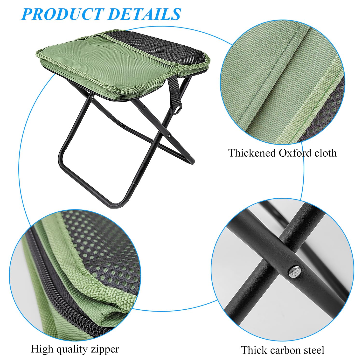 Taburete portátil para montañismo y senderismo, taburete plegable, taburete portátil, soporta hasta 150 kg, silla plegable para exteriores, con cremallera, para viajes, camping, pesca (verde)