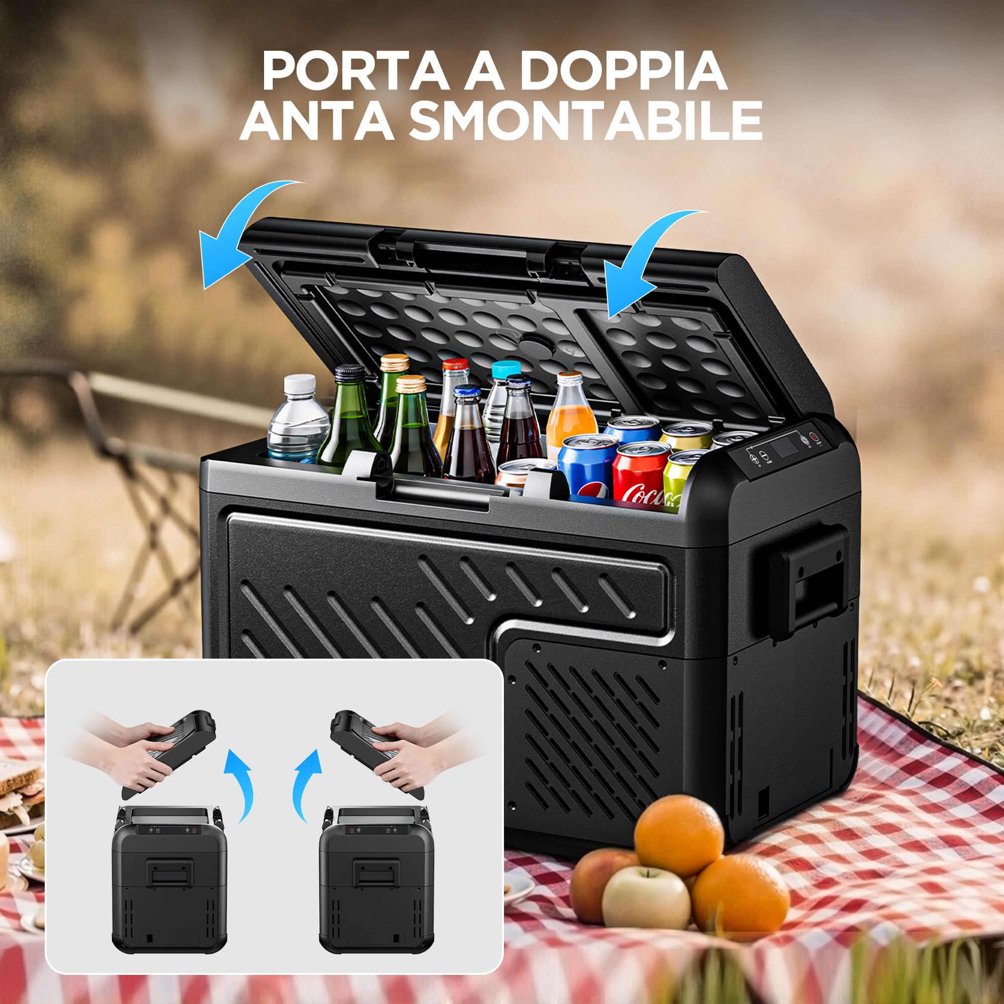 COMFEE' Frigo per Auto 25L, Frigorifero Portatile, Spina da 12V e 230V | Temperatura Regolabile - 20~20 ℃ con Schermo LCD, Prota a Doppia Anta Smontabile, per Camion, Camper, Barca, RCP25BL3EU(E)