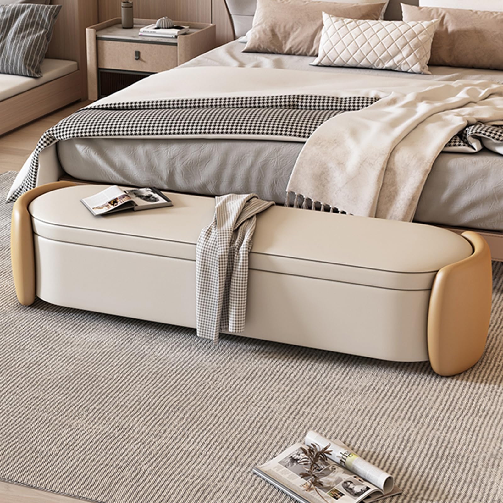 Banco redondo para entrada o dormitorio, baúl de juguete de 47 pulgadas y otomana, diseño marrón Slish y Bei, perfecto para el final de la cama o para nized Sto