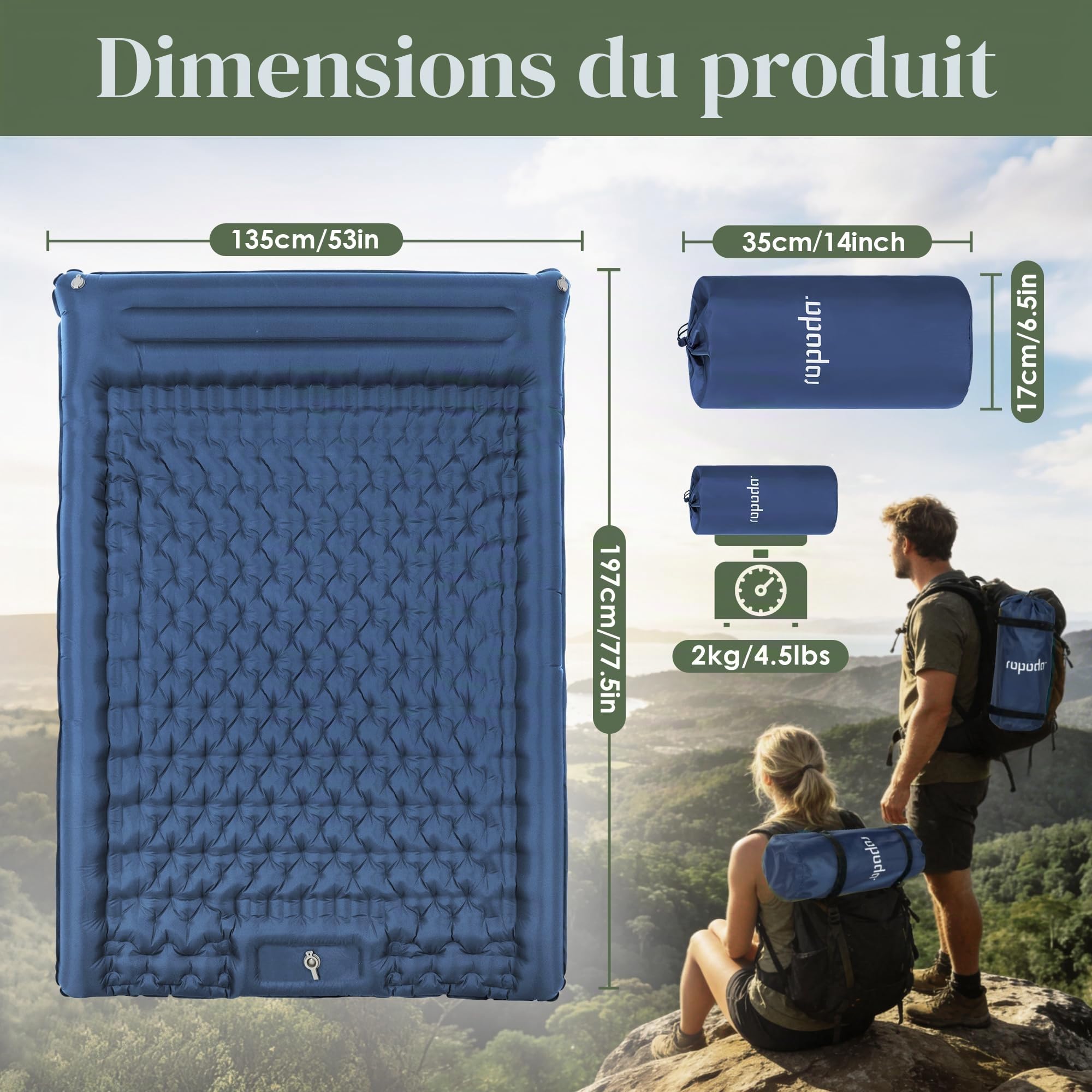 ROPODA Matelas de camping , ultra léger avec oreiller, pompe à pied intégrée, lit double imperméable avec sac de transport pour randonnée, voyage, bleu