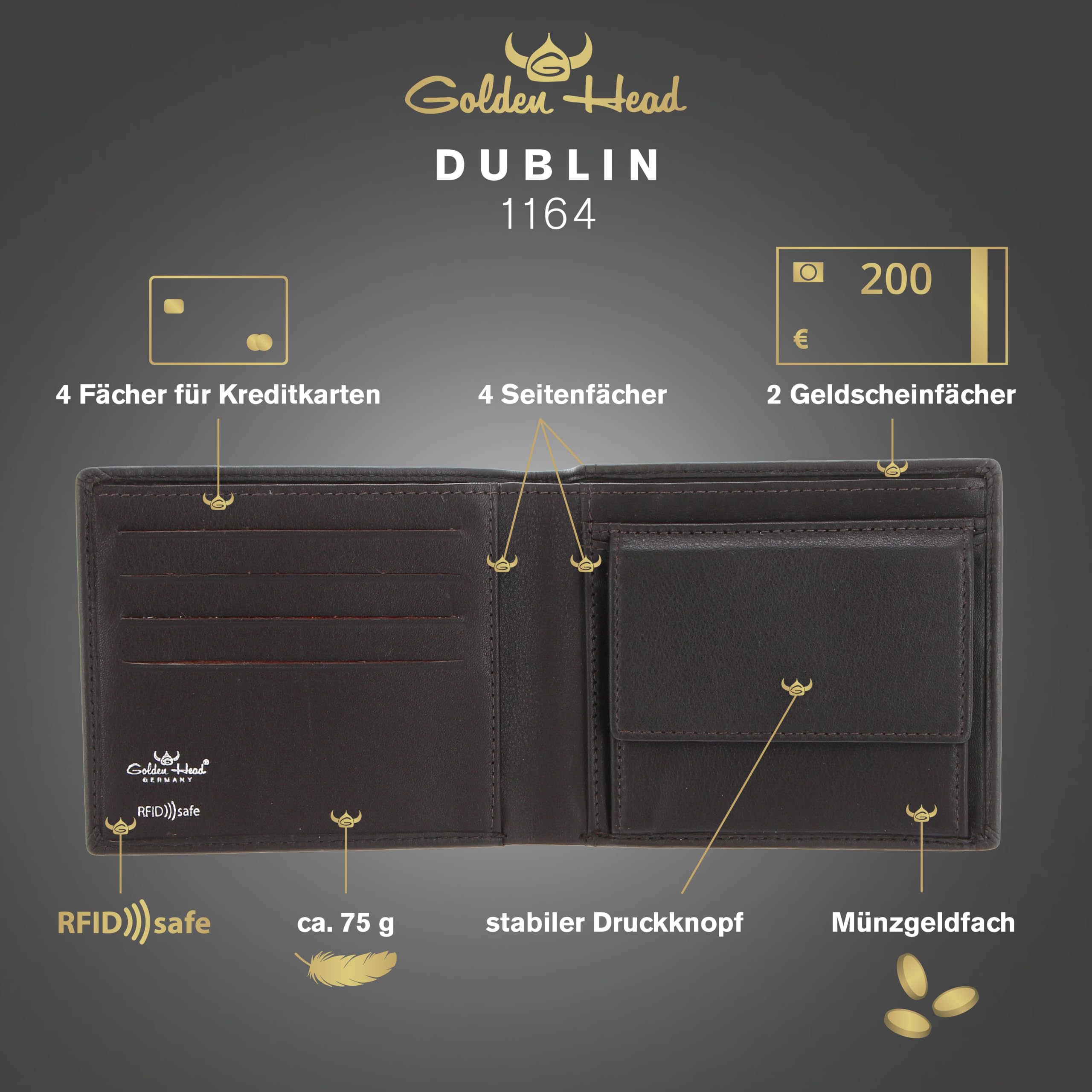 Golden Head Cuero Monedero Dublin RFID Protect Scheintasche 1164 Braun marrón Oscuro