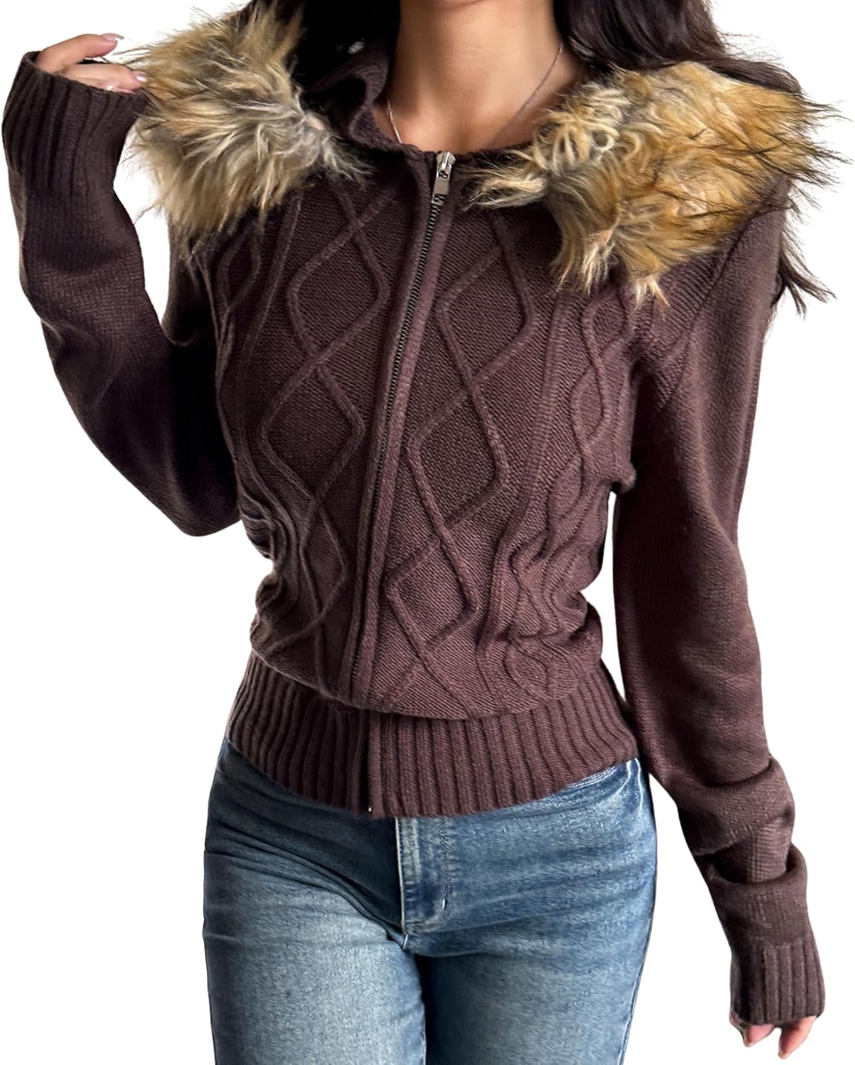 BAIMORE Women's Y2K Retro Casual Faux Fur Hooded Long Sleeve Zipper Knitted Sweater Cardigan Jacket