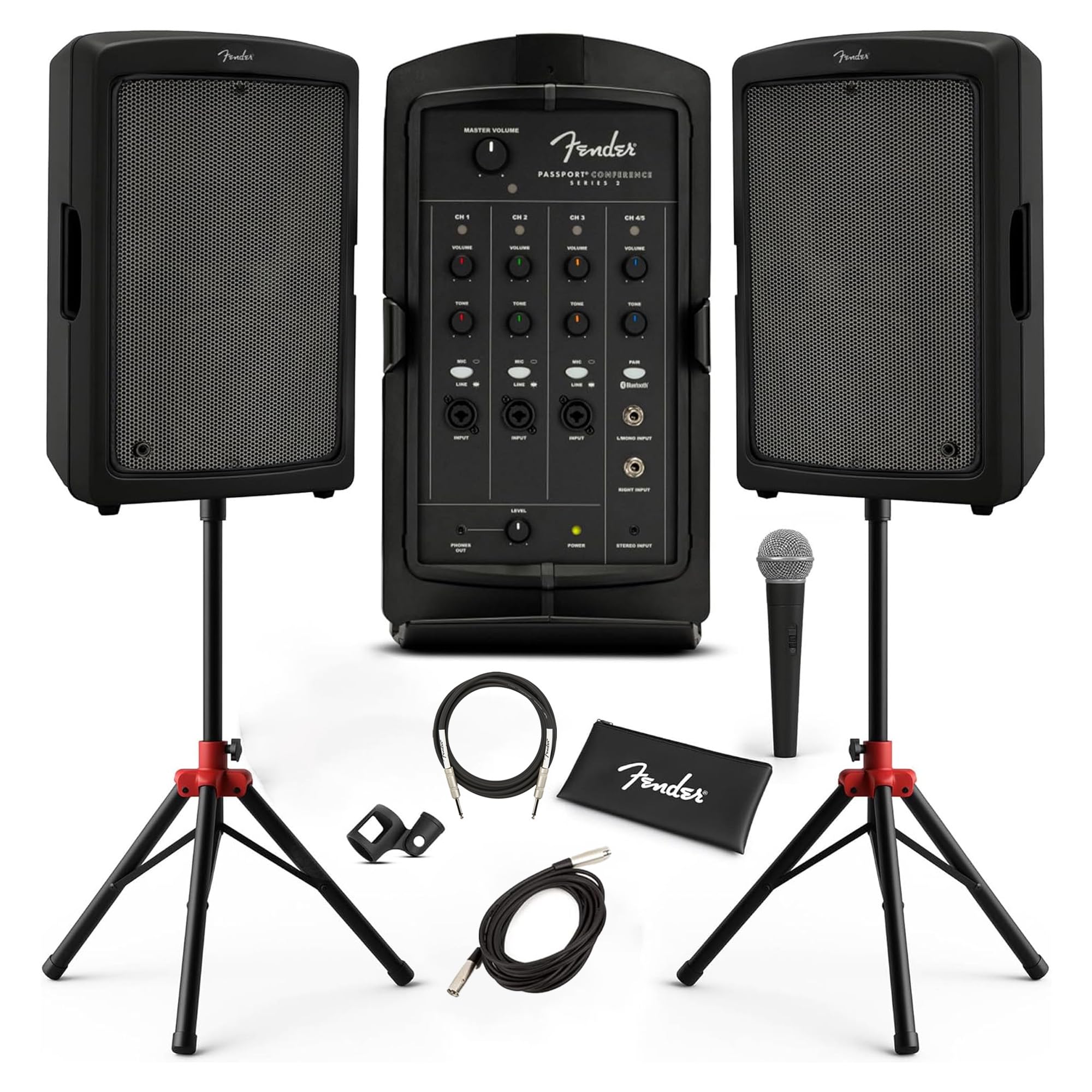 Fender Passport Conference S2 Portable PA System Bundle with Microphone, Compact Speaker Stands, XLR Cable, and Instrument Cable