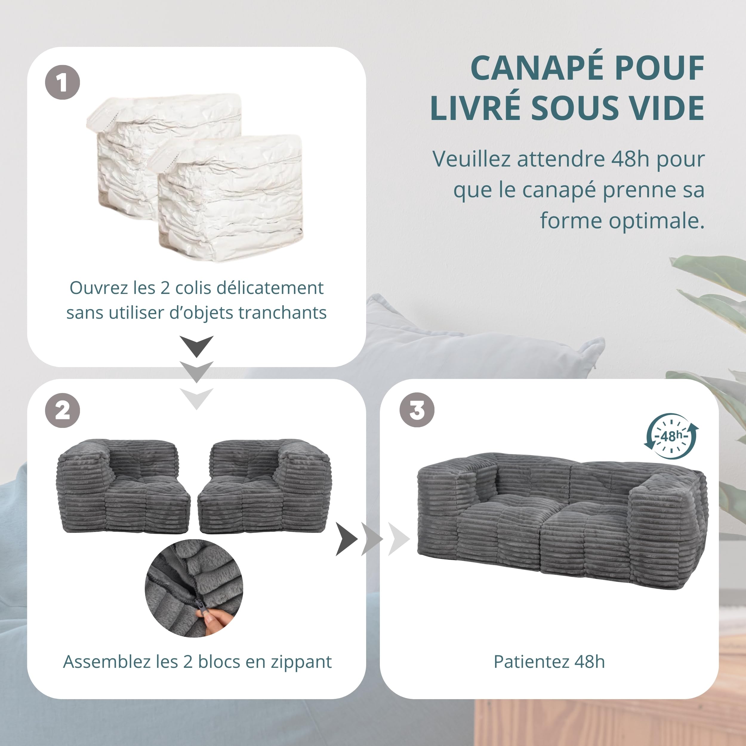 bananair 3-osobowa sofa z prążkowanym sztucznym futrem, miękka i wygodna, wyściółka z pianki i włókien, innowacyjna modułowa konstrukcja bez kości, łatwo przekształca się w 2 worki do siedzenia
