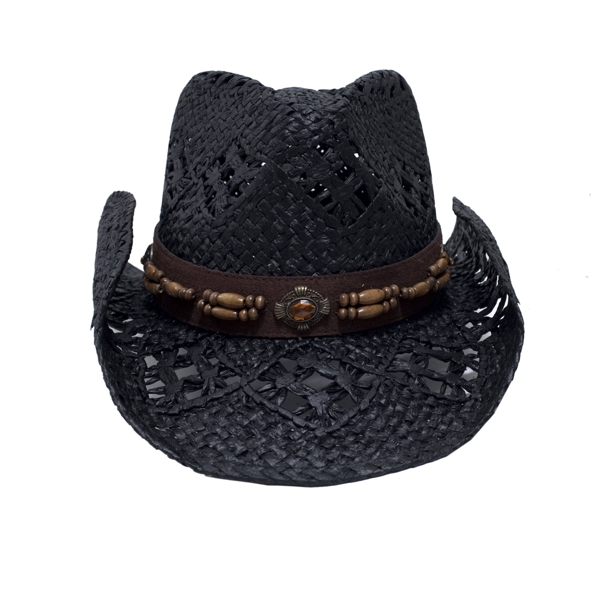 Vamuss Straw Cowboy Hat W/Vegan Leather Band & Beads, Shapeable Brim, Beach Cowgirl Buy Online