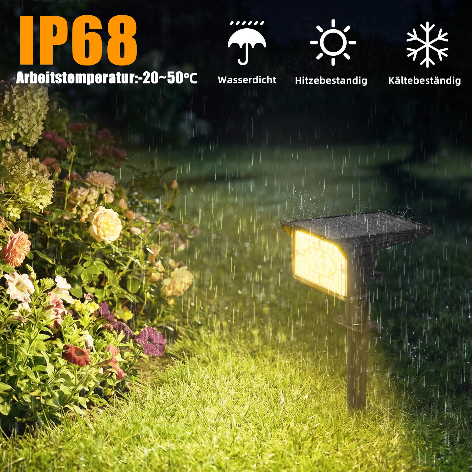 FLOWood Solarlampen für Außen Garten, 3000K Warmweiß Solar Strahler 4 Stück, 1500mAh IP68 Wasserdicht, 3 Helligkeitsmodi LED Gartenleuchten für Garten, Rasen, Auffahrt, Gehweg & Patio