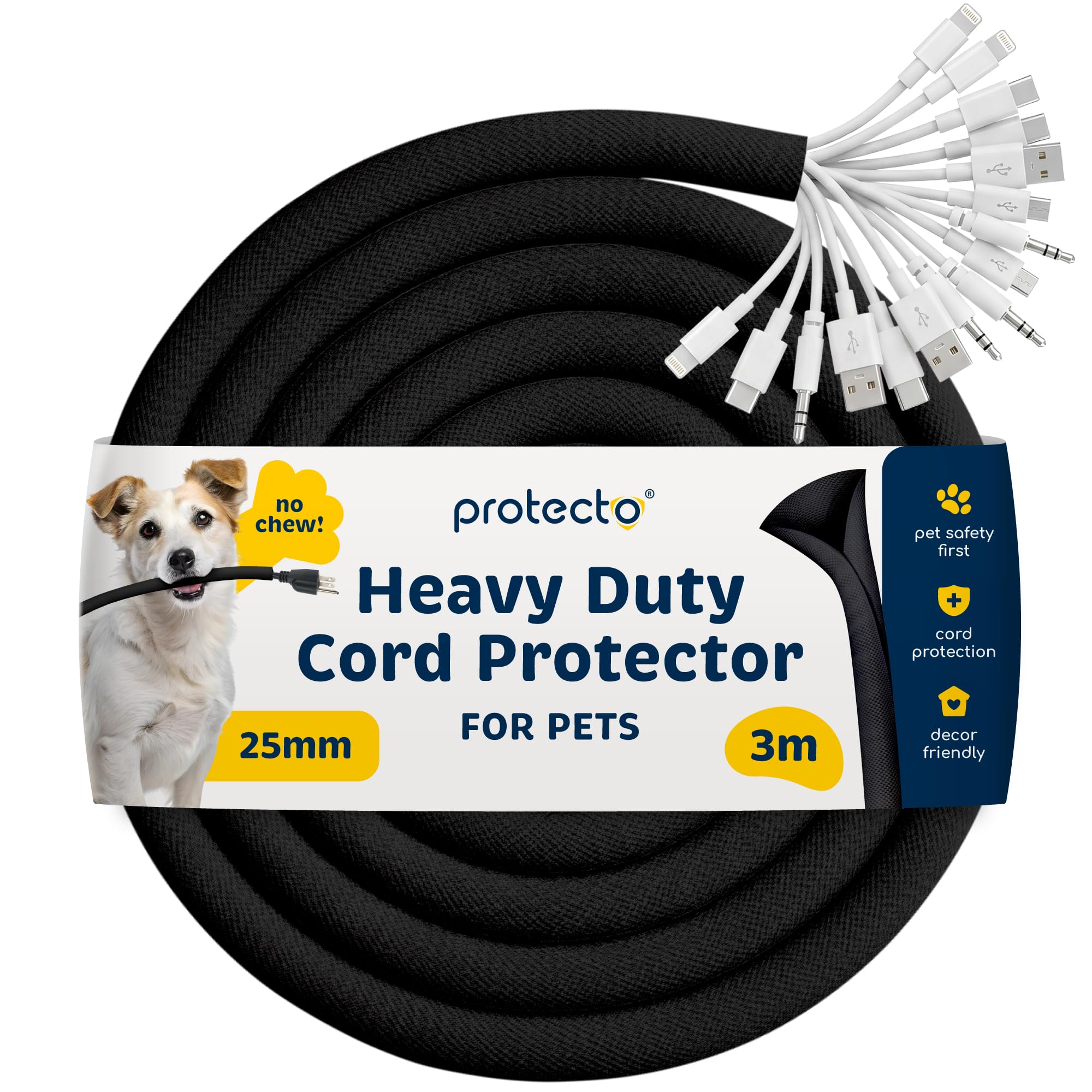 PROTECTO Heavy Duty Dog & Cat Cord Protector 3m Long Sleeve, Easy to Use 25mm in Cord Cover for Pet, Odorless Black Color, No Chew Solution for Power, Audio & Video Wire Tubing, Fits 13-16 Cables