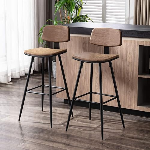 ALBAD Modern Bar Stools 29 Inch Counter/Bar Height Barstools Set of 2 Leather Upholstered Barstool Chairs with Low Back for Kitchen Island, Dining Table & Breakfast Bar Brown