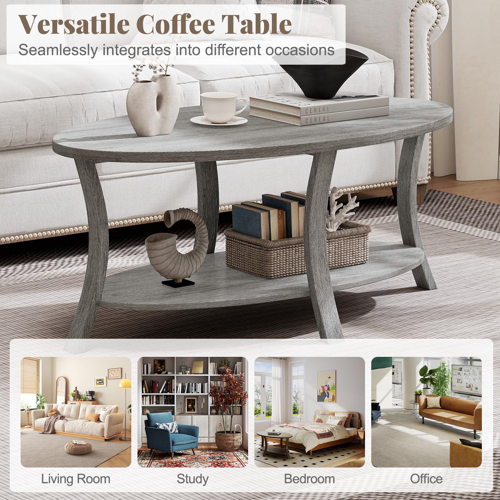 LIFEZEAL Tavolino Salotto Ovale a 2 Ripiani con Scomparti Aperti, in Legno Massello, Tavolino da Caffè, Divano, Tavolo Soggiorno, Moderno, Salvaspazio, Semplice, 111x60,5x47cm, Max 160kg (Grigio)