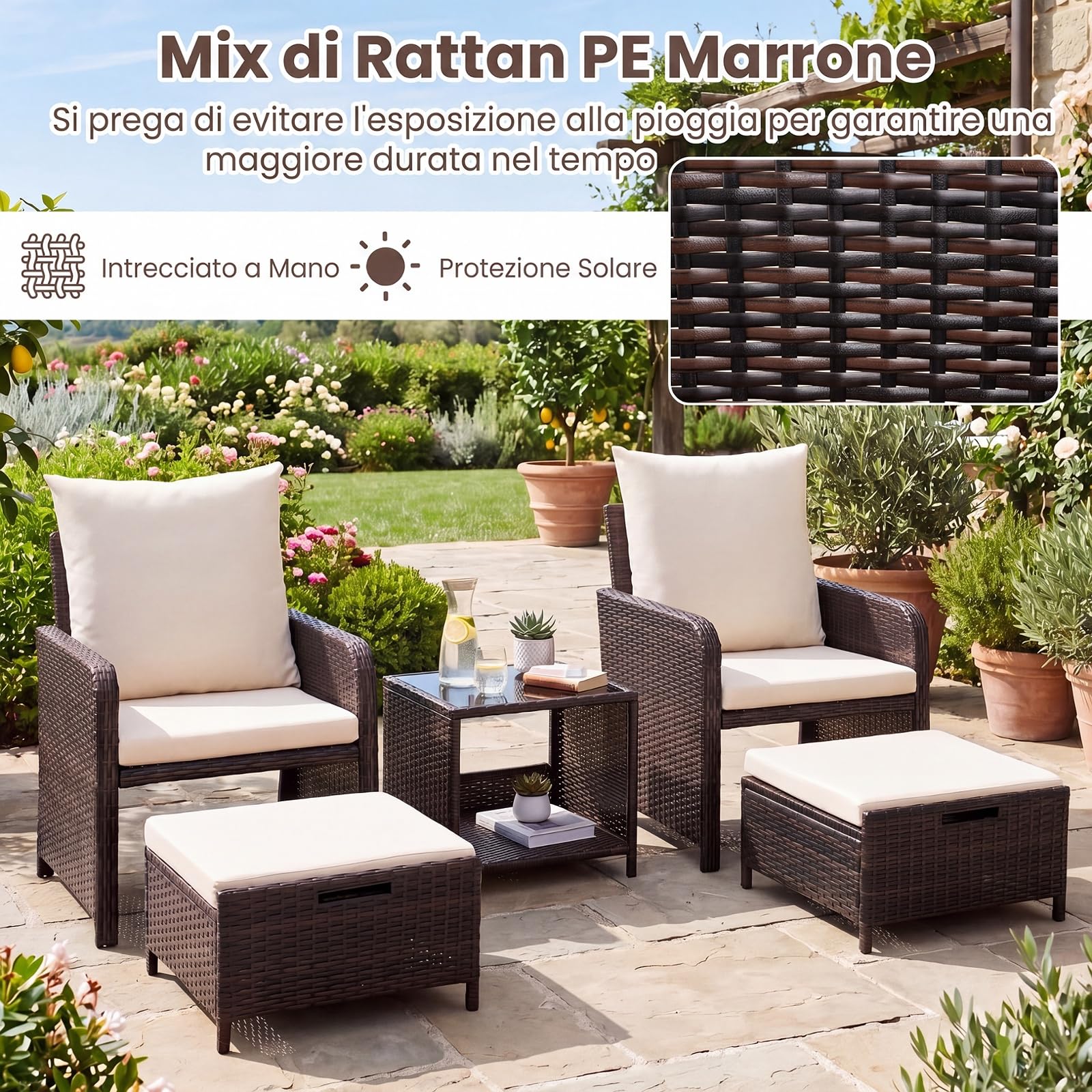 COSTWAY Salotto da Esterno 5 Pezzi, Set Giardino Esterno in Rattan (Beige)