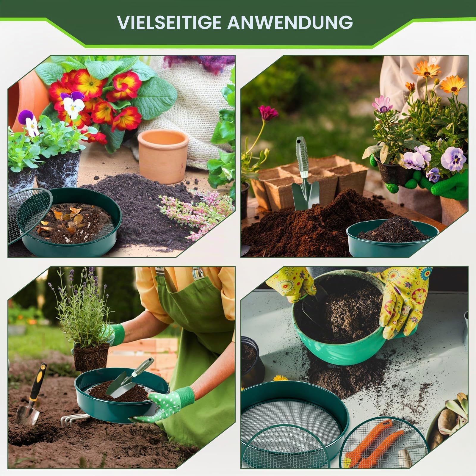 CDIYTOOL 8pcs Gartensieb Set, 30cm Rund Erdensieb Garten Potting Mesh Sieb mit 5 Filtern 3/5/8/10/12mm für Erde, Steine, Unkraut, Katzenstreu, Kompost
