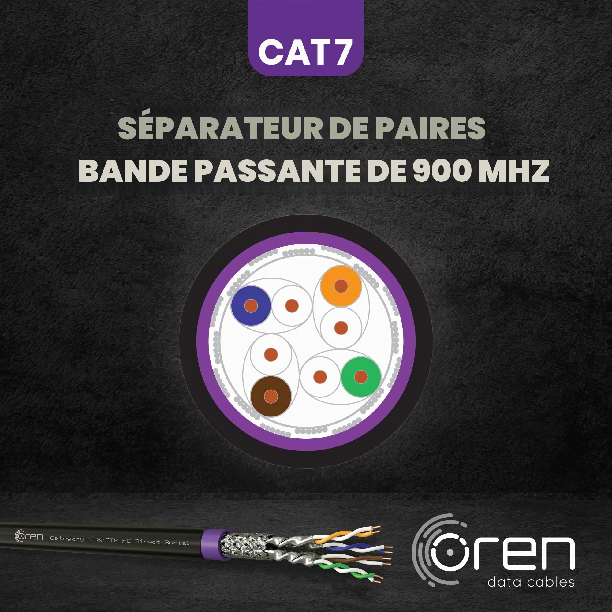 Oren CAT7 100m Câble Ethernet Extérieur - Enfouissement Direct - Câble en Cuivre Pur 23 AWG - Bande passante 900 MHz - Câble réseau LAN Internet S/FTP, sans halogène, sans corrosion - 10GbE