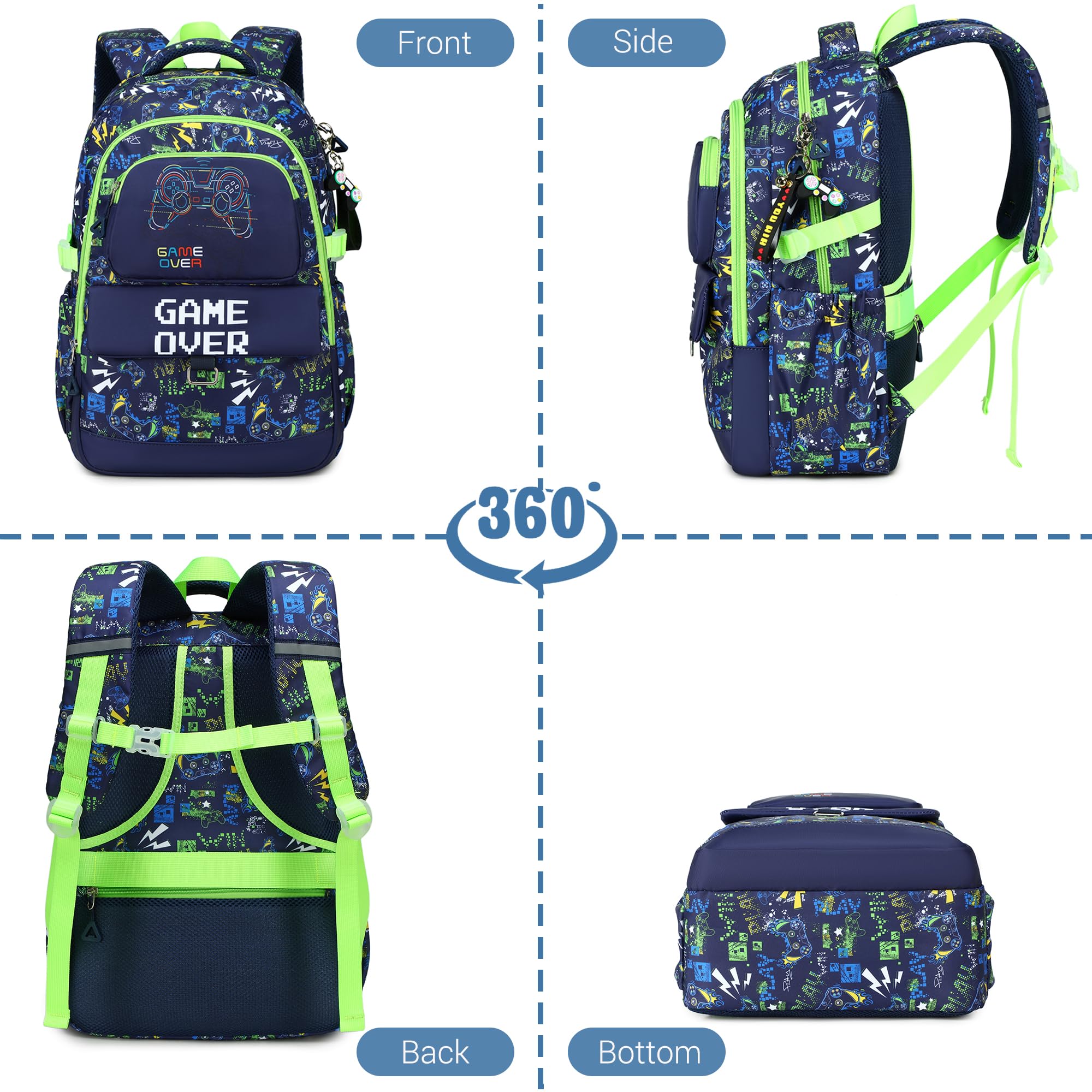 Makukke Schulrucksack Set für Teenager Jungen, Gamer Schultaschen mit Brotdose und Federmäppchen, Geschenke Coole Schulranzen für Grund und Mittelschüle