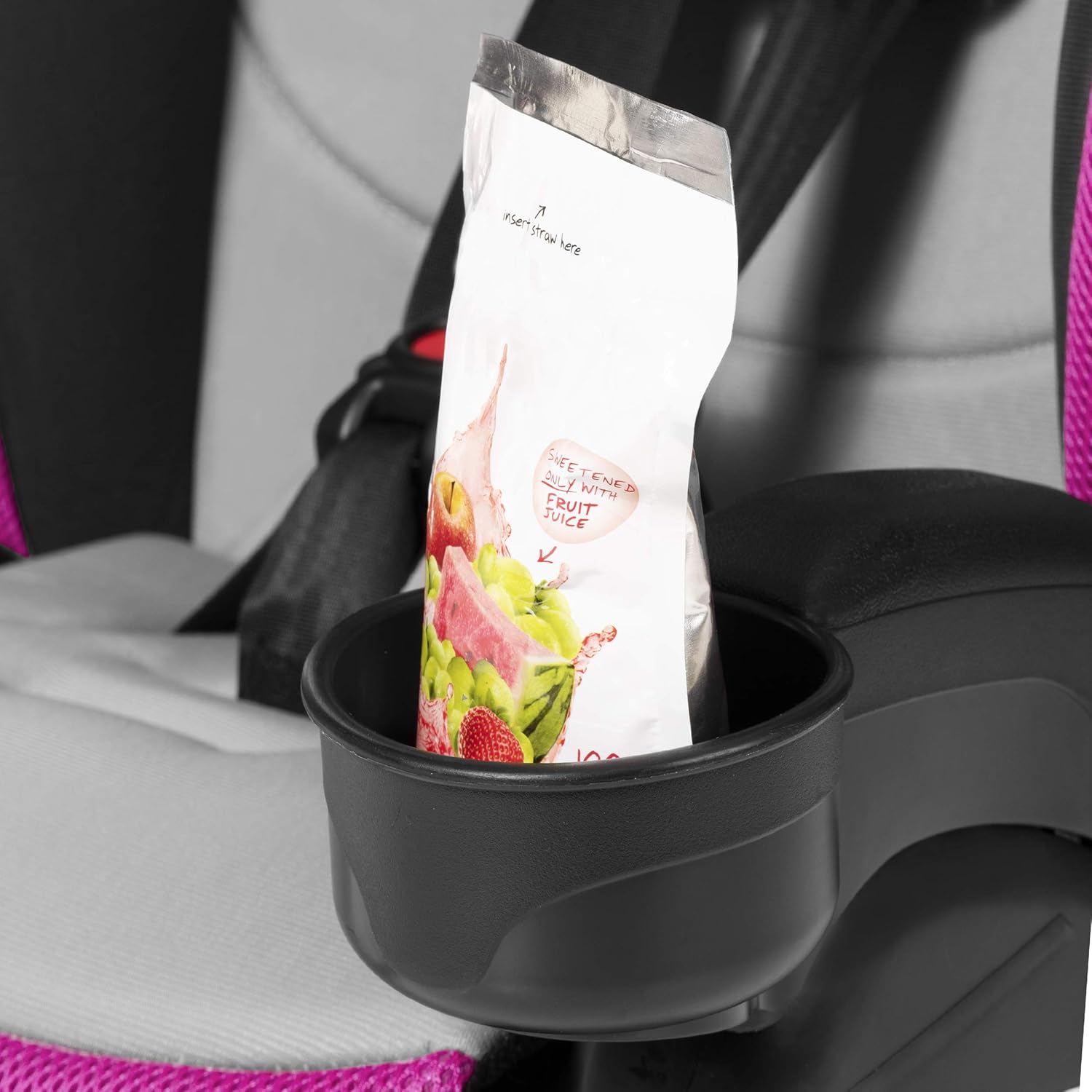 Close-up of the car seat's integrated cup holder with a drink pouch