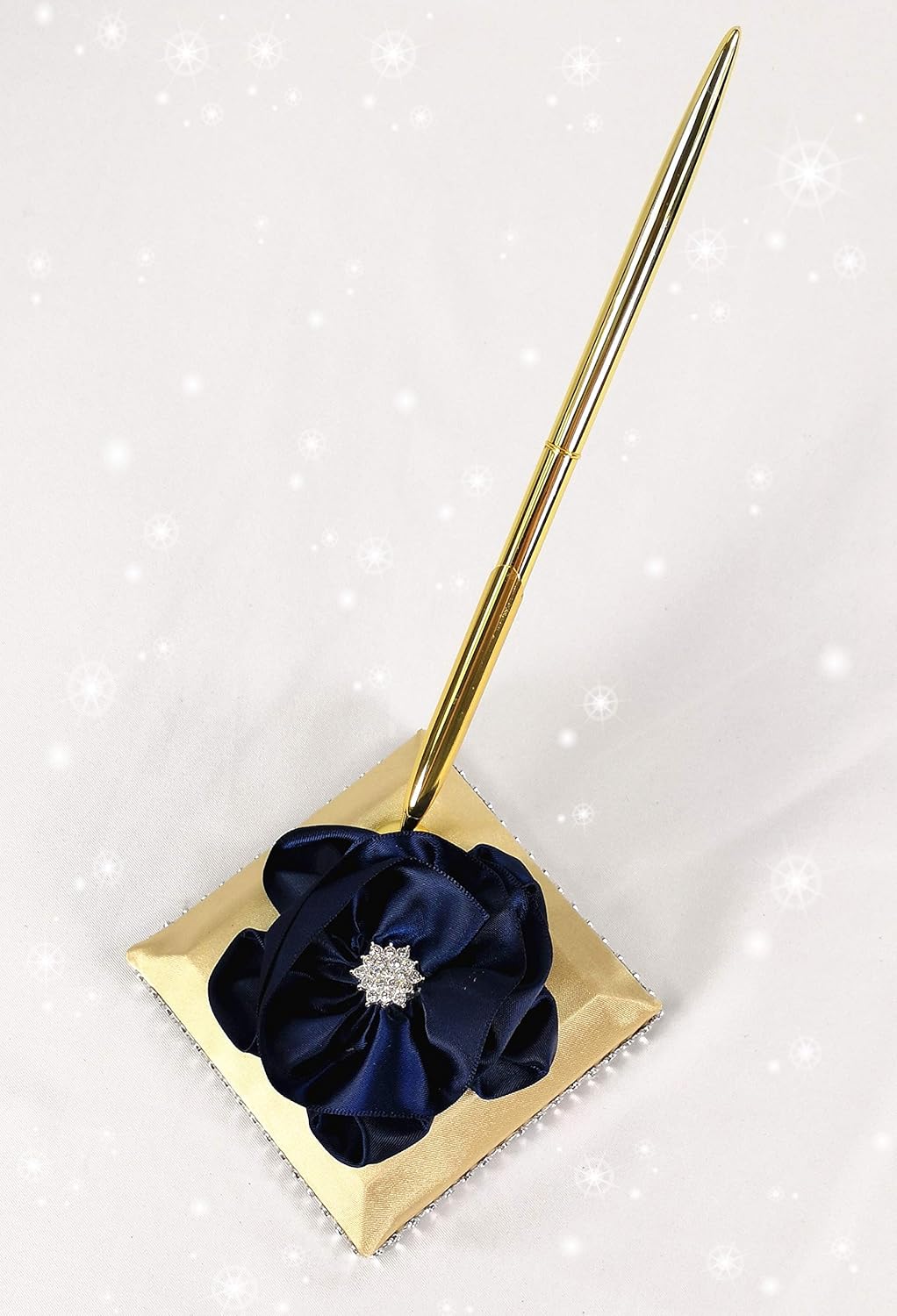 Abbie Home Wedding Guest Book and Pen Set in Gold Satin Cover with Navy Blue Ribbon Flower Rhinestone Decor Luxury Satin Collection Party Favor Set(Navy Blue+Gold)